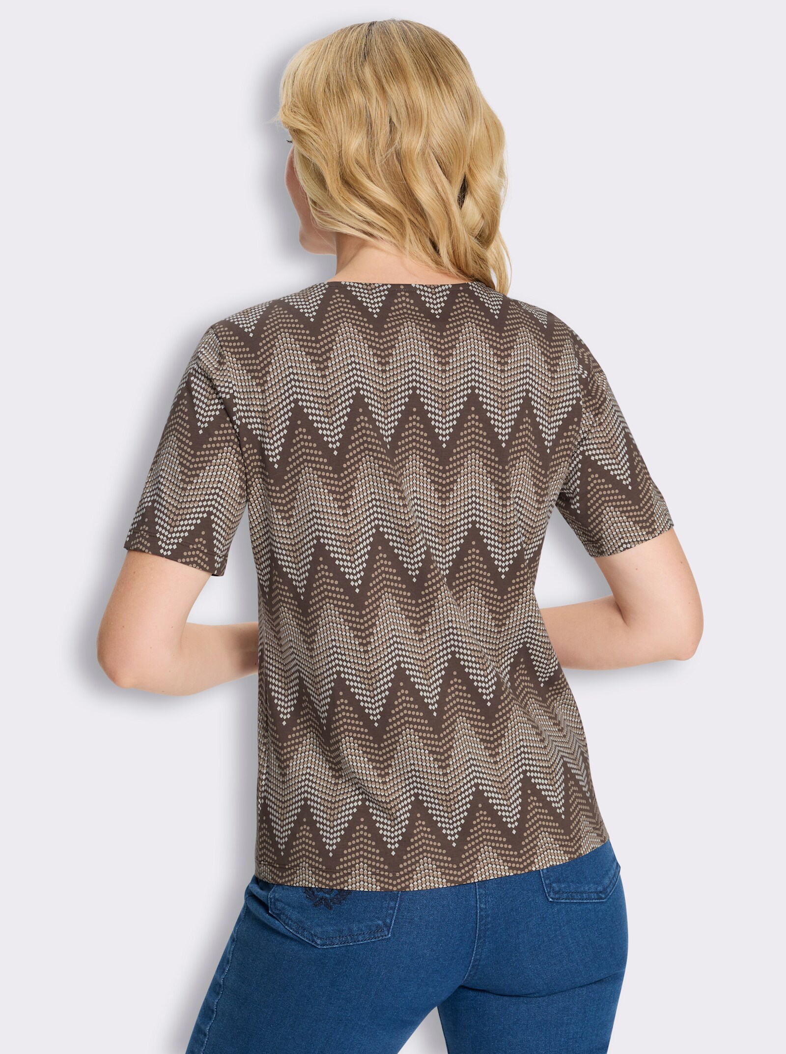 Rundhalsshirt mit Zickzack-Muster - schoko-beige-bedruckt