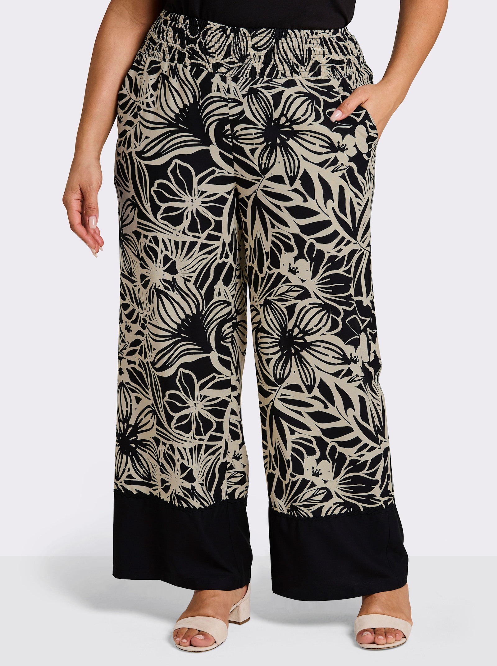 sheego Geweven broek in comfortmodel - zwart/zand geprint