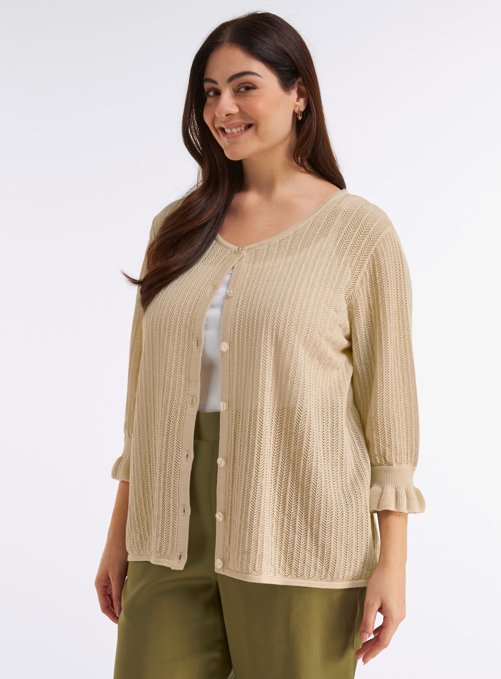 sheego Ajourstrickjacke mit Glanzgarn-Effekt - champagner-goldfarben