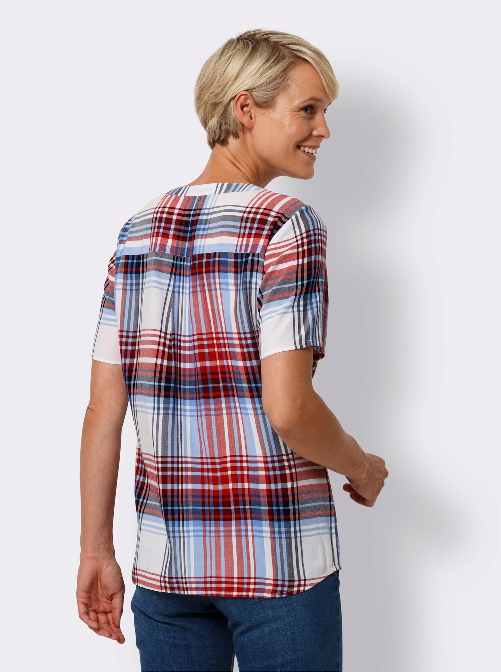 Karobluse aus reiner Viskose - rot-himmelblau-kariert