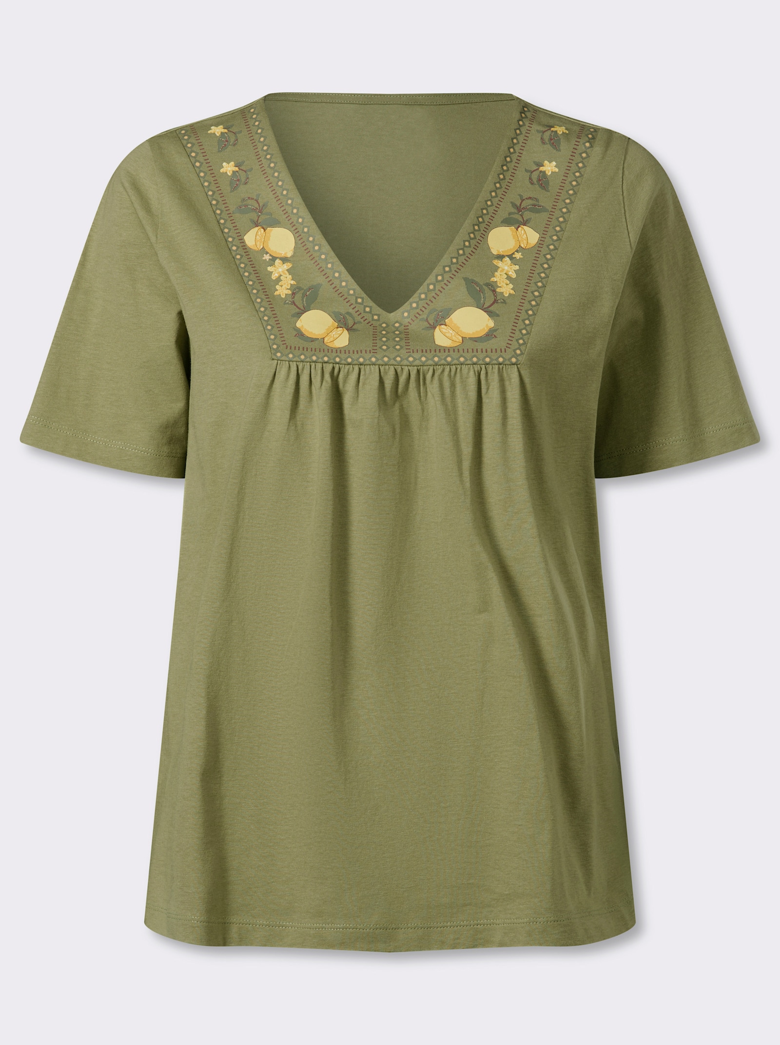 Kurzarmshirt mit Zitronen-Print am Ausschnitt - schilf-gelb