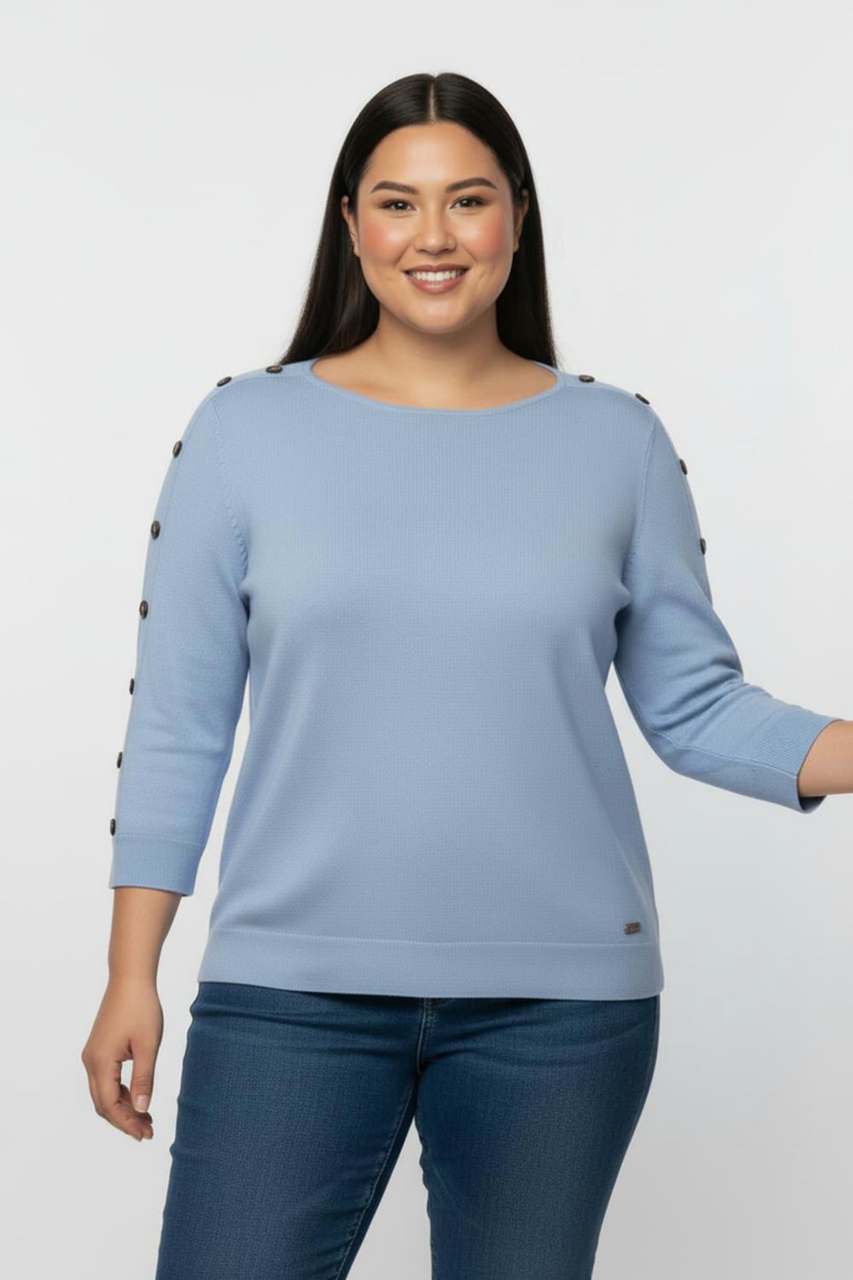 3/4 Arm-Pullover mit Zierknopf-Detail - bleu