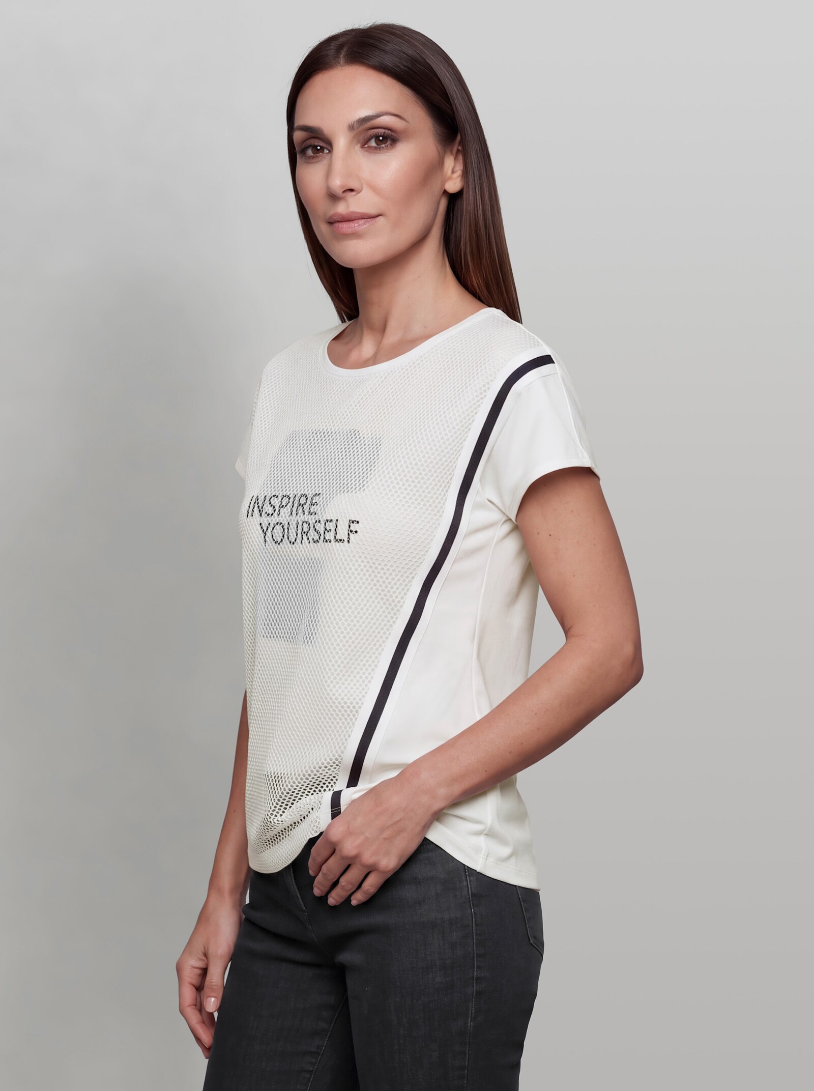 heine Kurzarmshirt mit Mesh-Einsatz - ecru-bedruckt