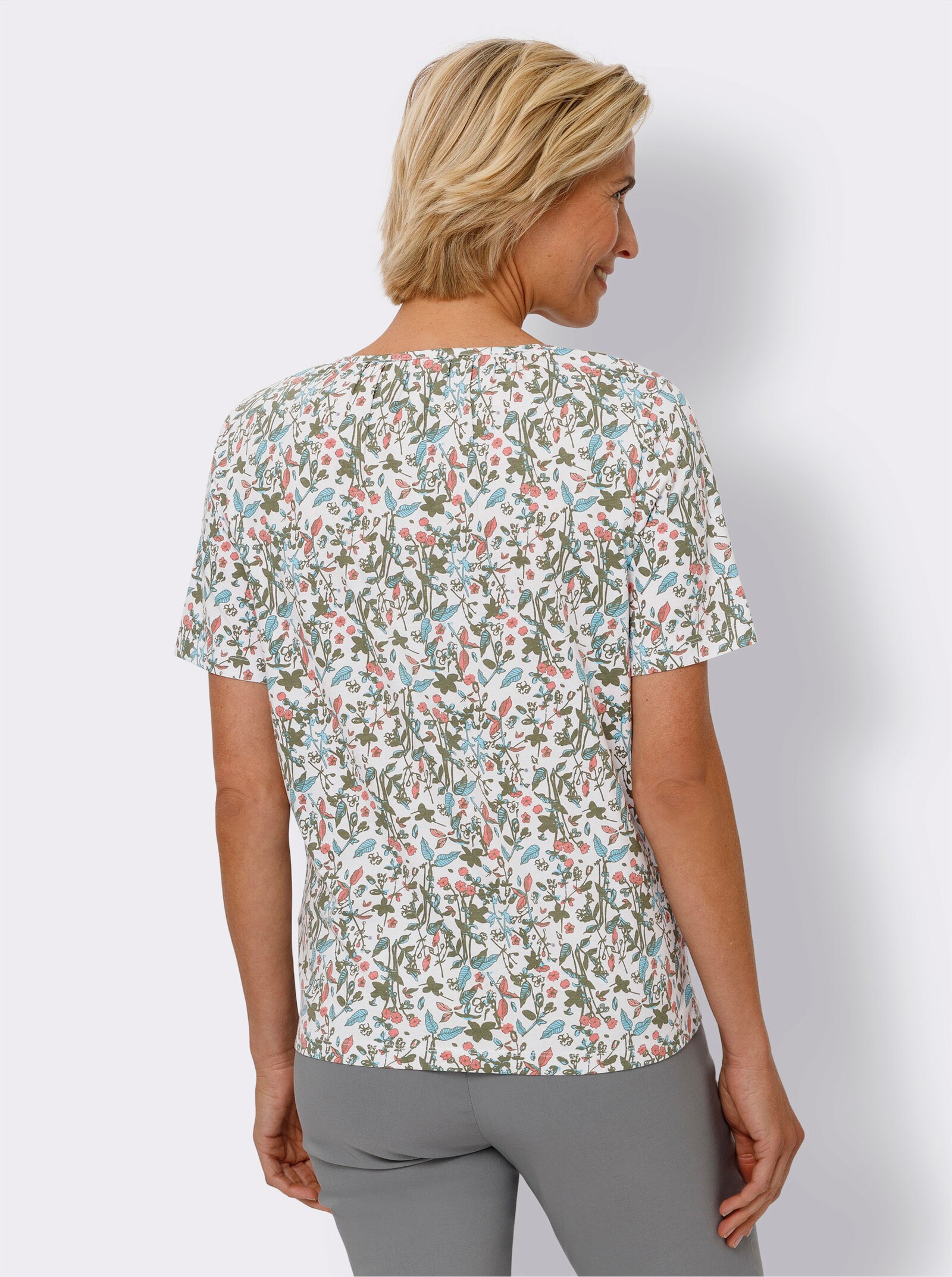 Kurzarmshirt im floralen Dessin - weiß-flamingo-bedruckt