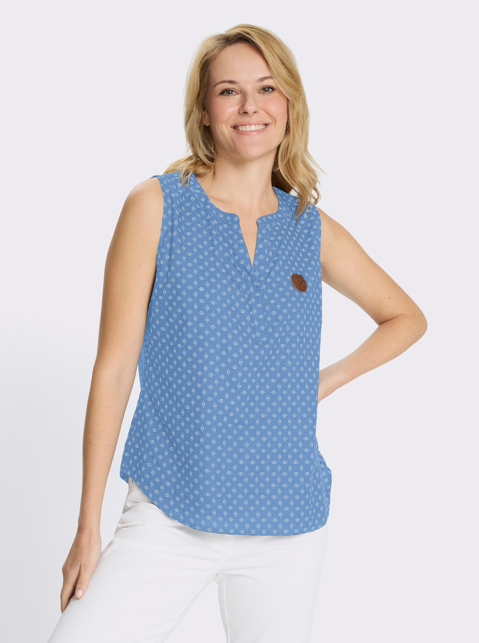 Linne i mjuk, följsam viskos - mellanblå-vit-med tryck