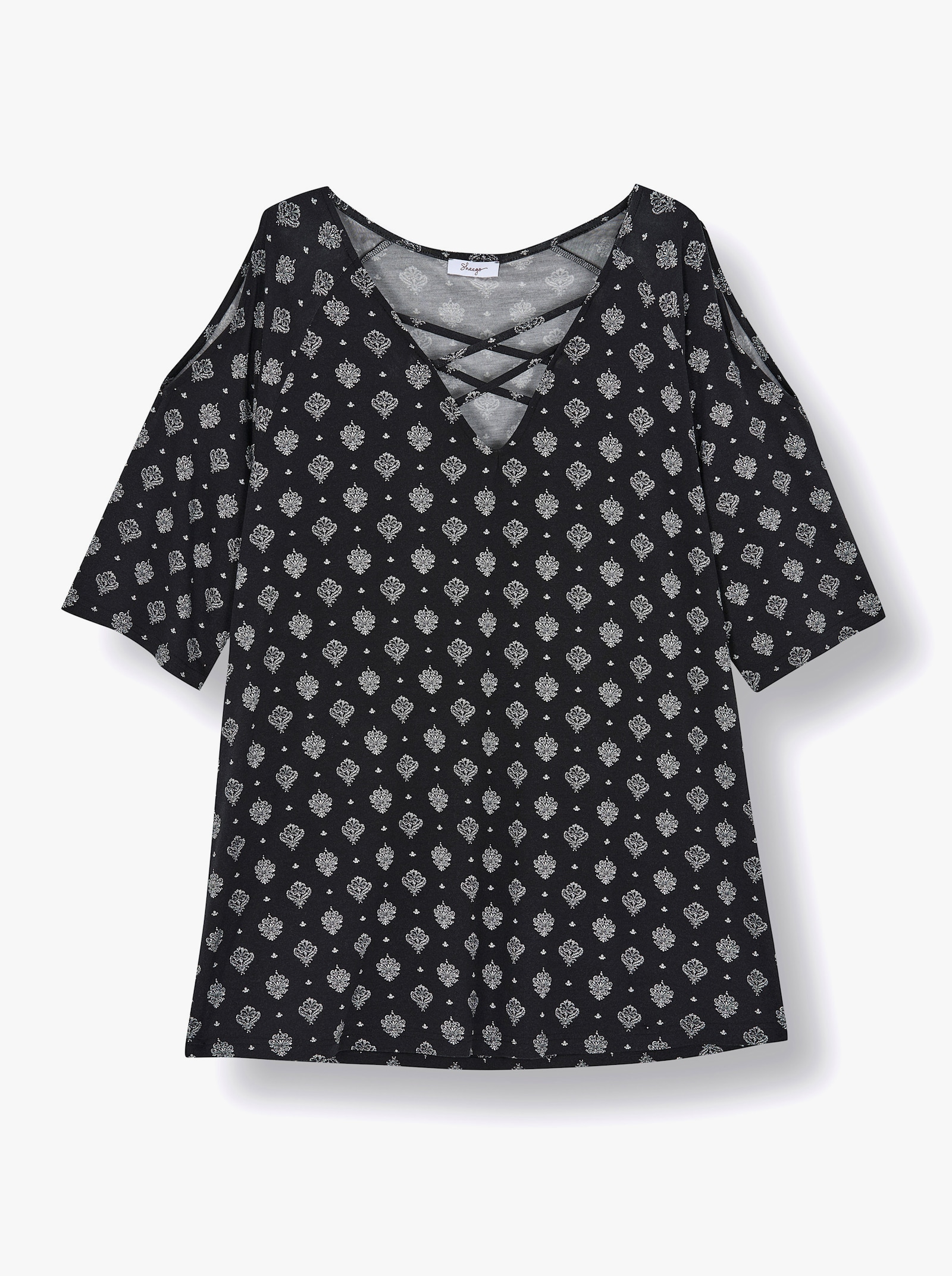 sheego Lang shirt met gekruiste bandjes bij de hals - zwart/ecru geprint