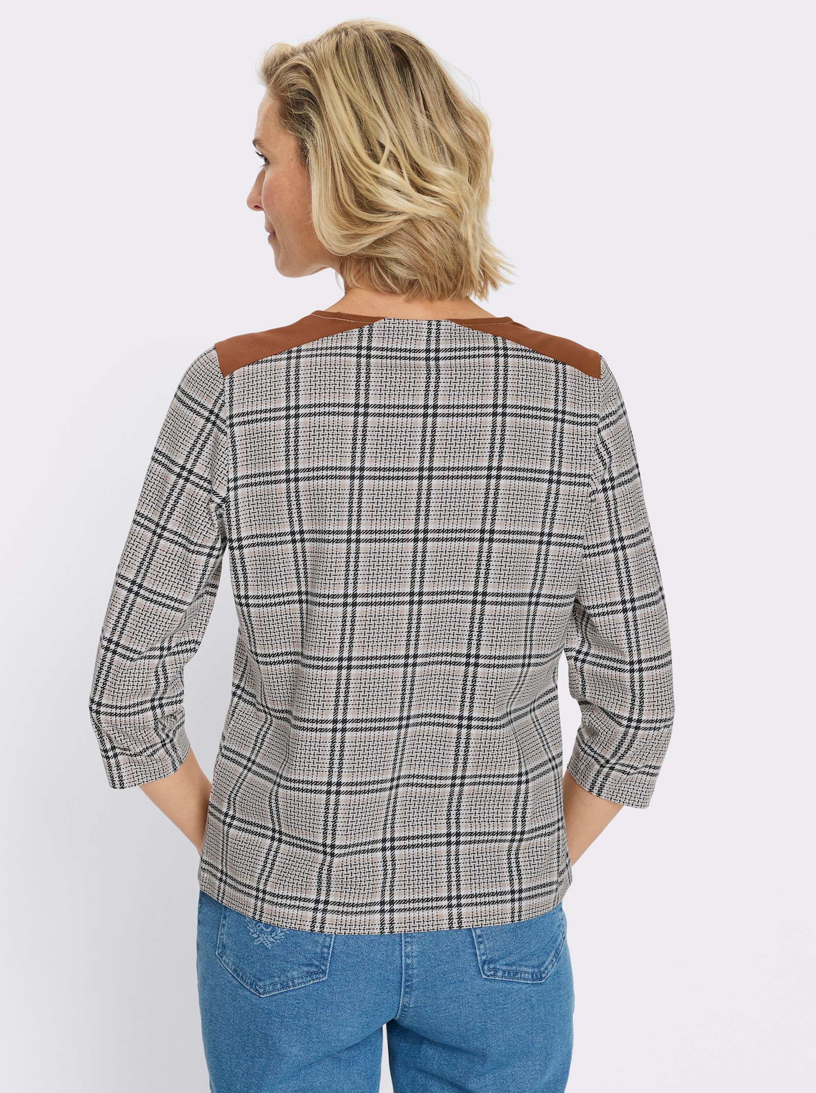 3/4-Arm-Shirt mit Glencheck-Muster - schwarz-cognac-bedruckt