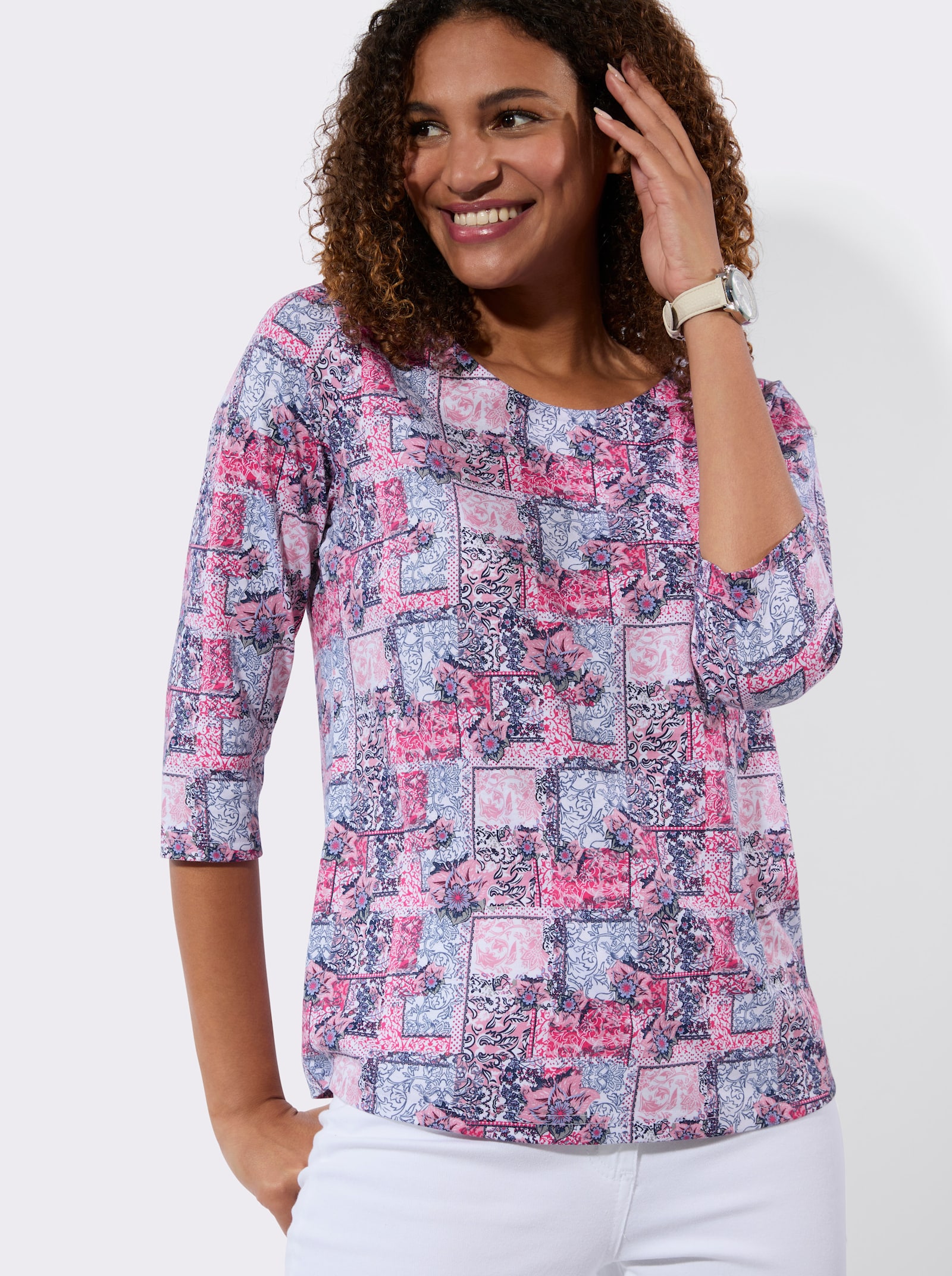 3/4-Arm-Shirt mit Patchwork-Dessin - fuchsia-bedruckt
