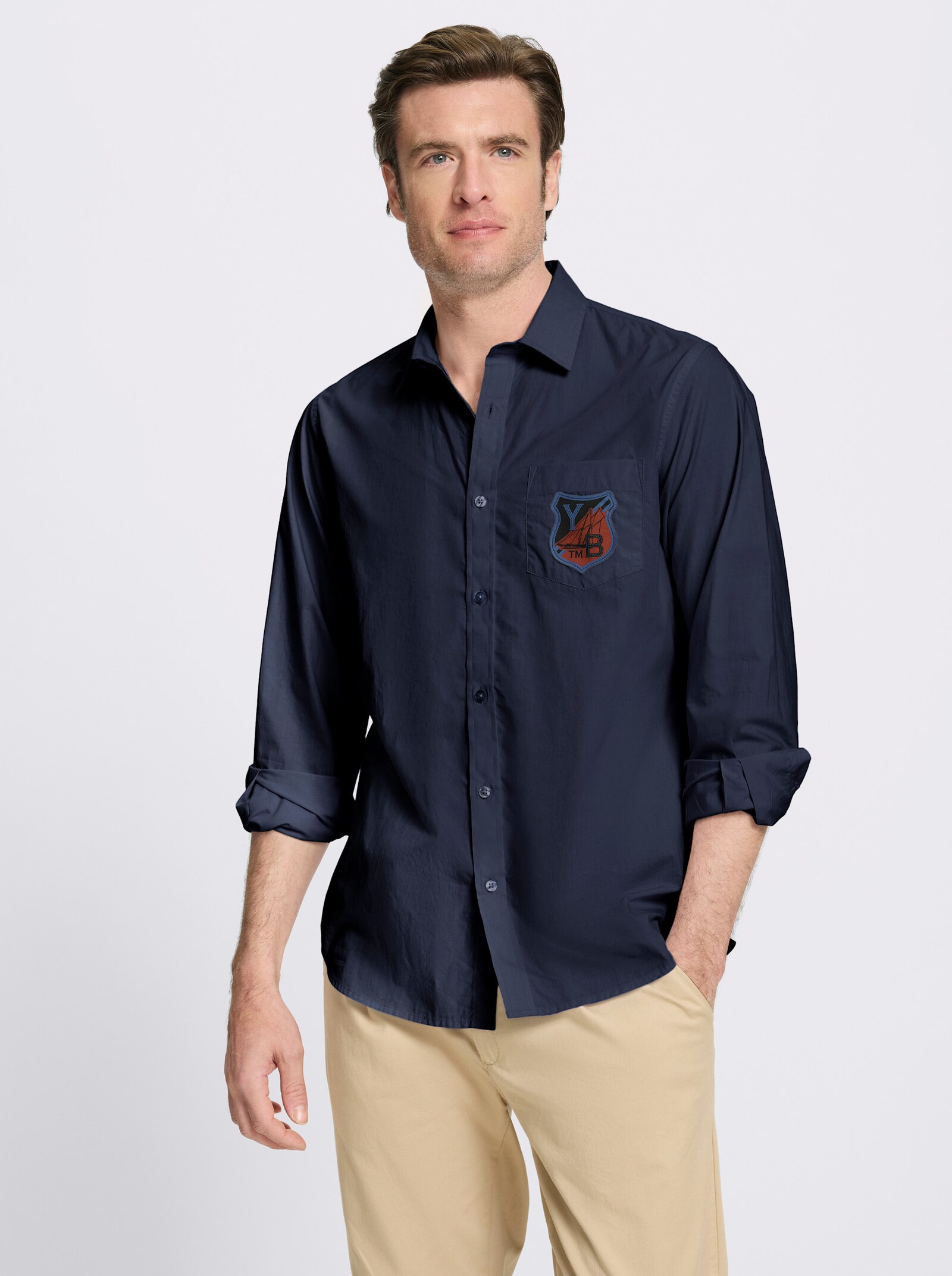 Catamaran Langarmhemd aus reiner Baumwolle, Popeline - marine