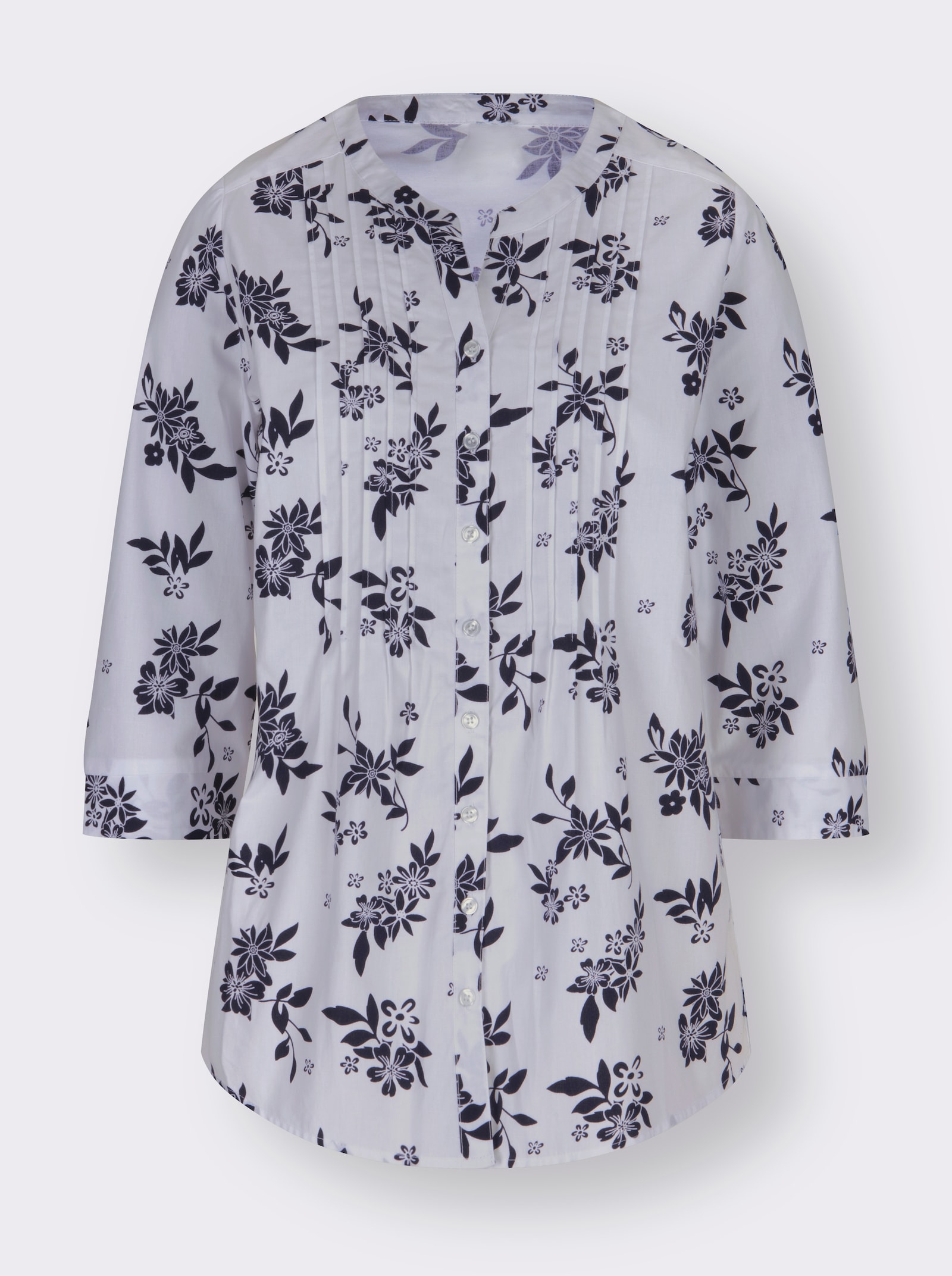 Longbluse mit Blumen-Muster - weiß-nachtblau-bedruckt