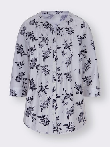 Longbluse mit Blumen-Muster - weiß-nachtblau-bedruckt