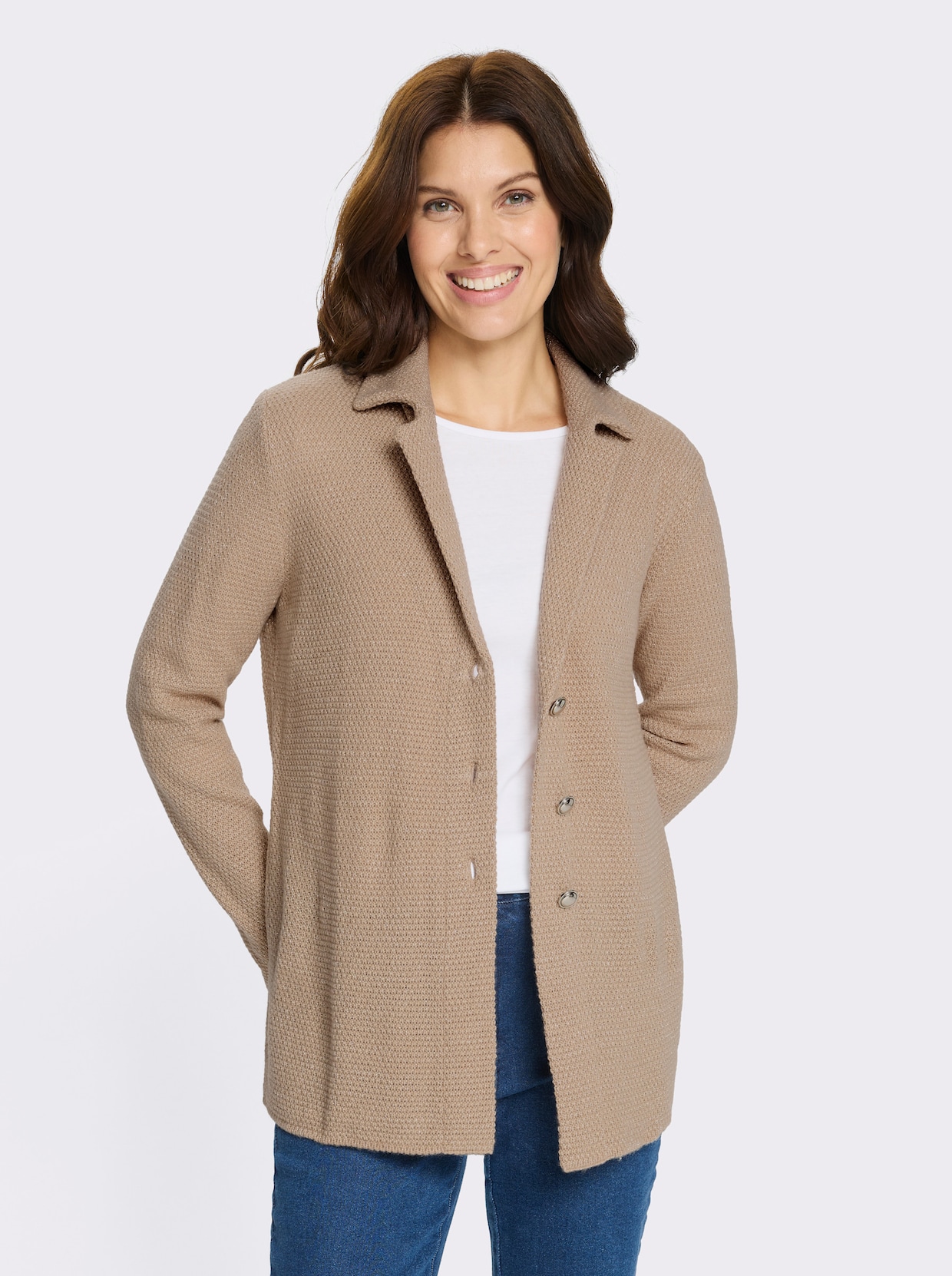 Strickjacke mit silberfarbigem Glanzgarn - beige
