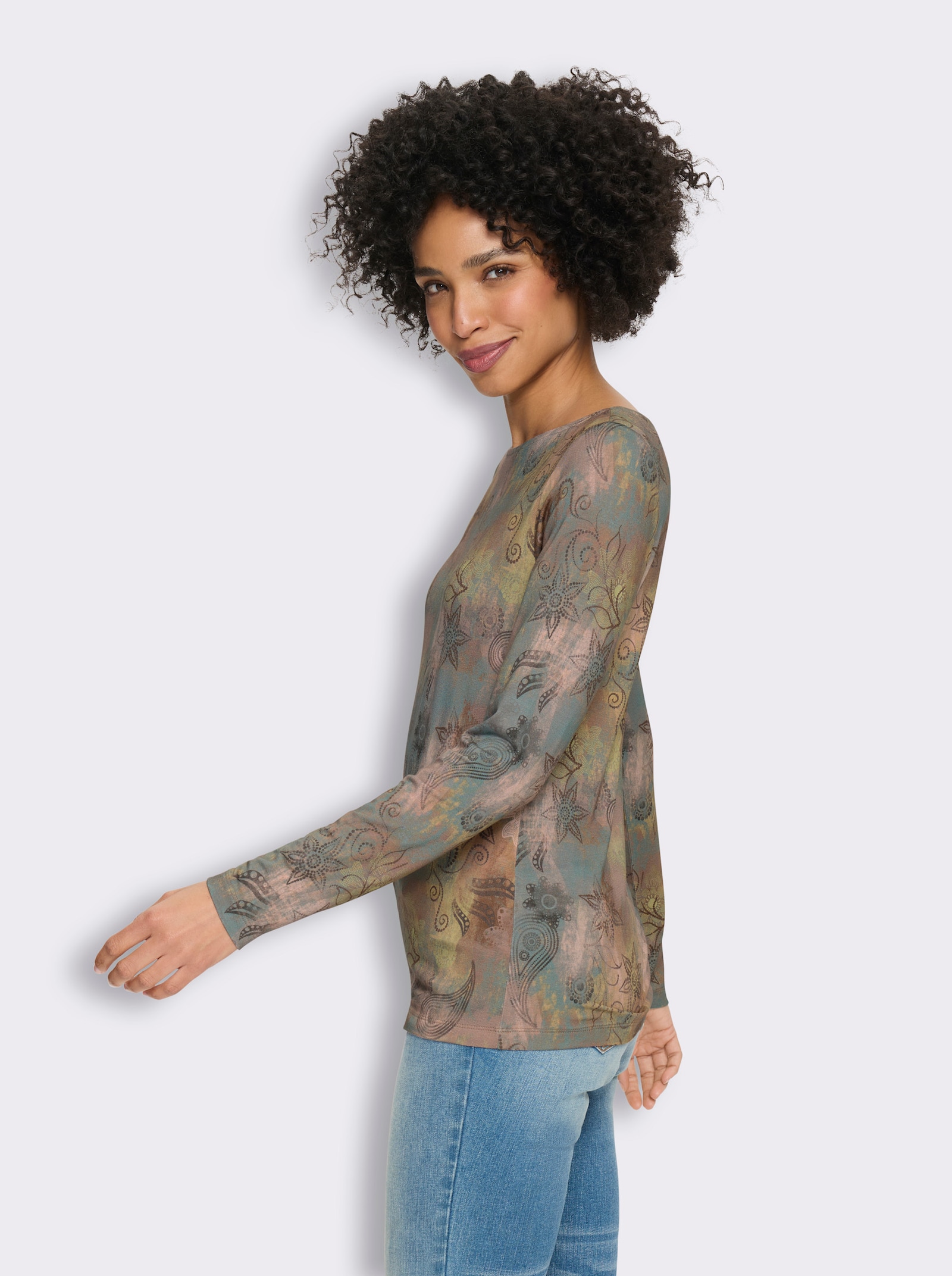 heine Langarmshirt mit U-Boot-Ausschnitt - jade-graphit-bedruckt