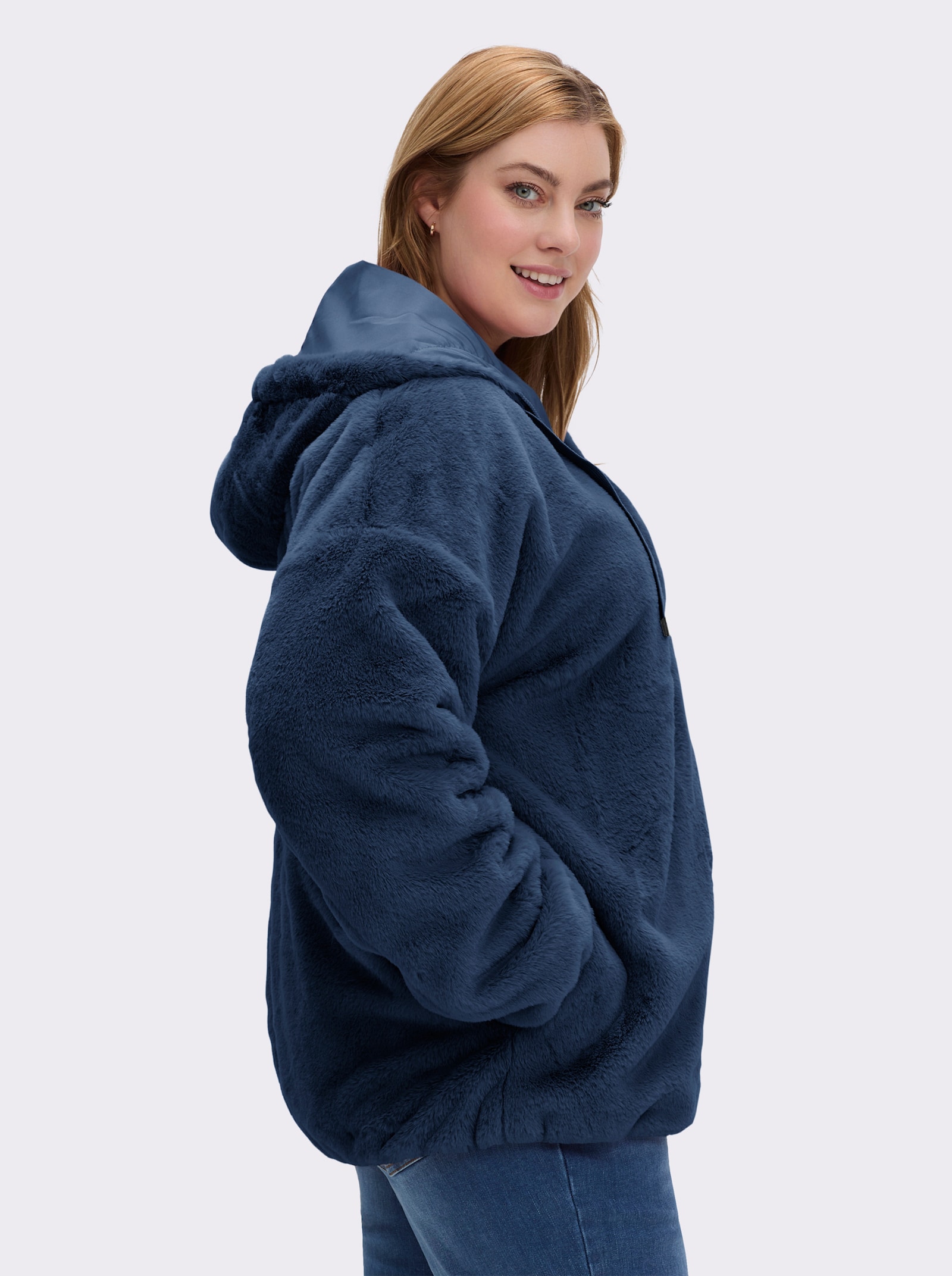 Fellimitatjacke mit Gummizug an Ärmeln und Saum - dunkelblau