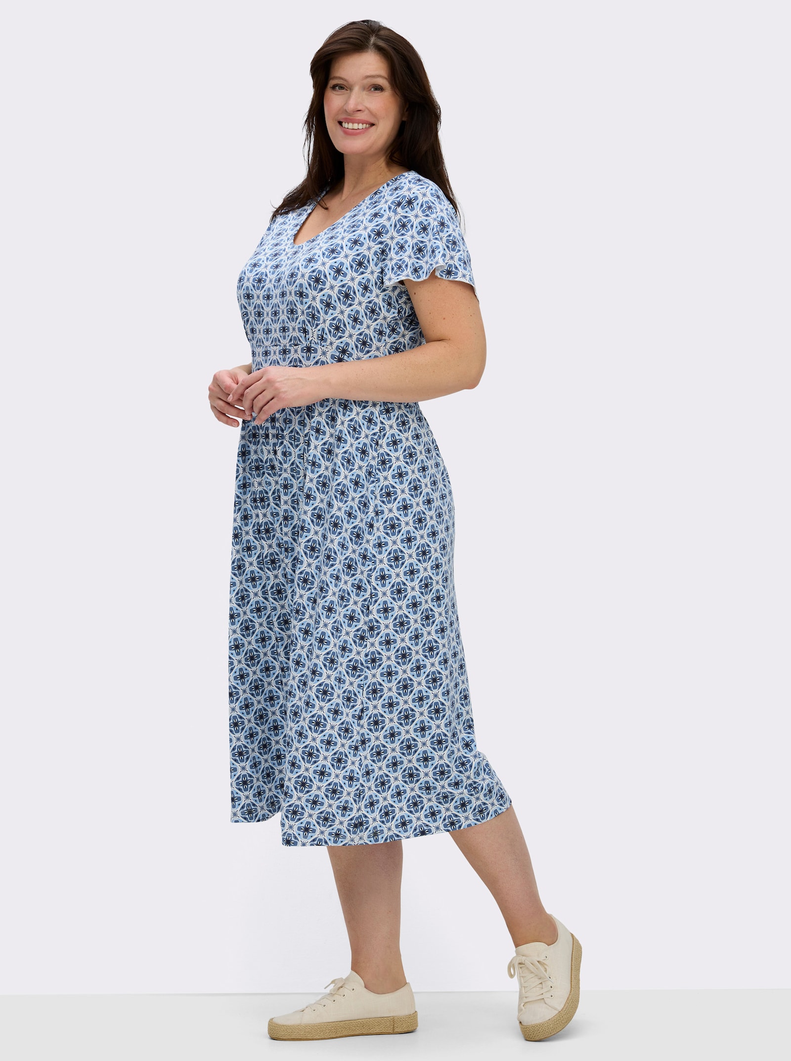 Jerseykleid im Druck-Dessin - jeansblau-ecru-bedruckt