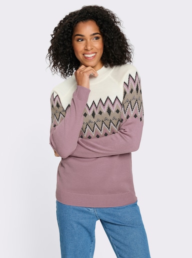 Långärmad tröja med norskt mönster - malva-beige-mönstrad
