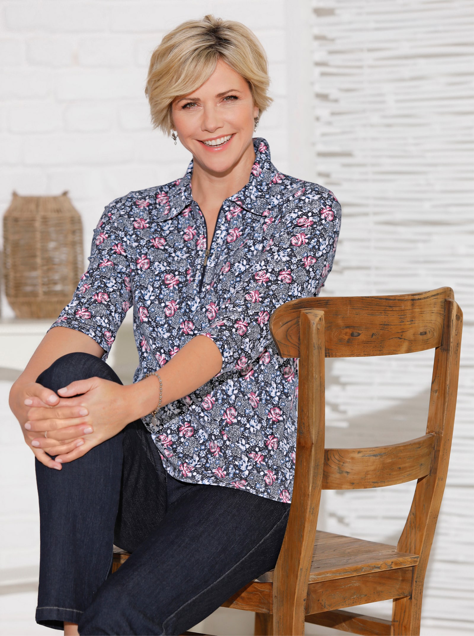 Poloshirt mit Glitzersteinchen - marine-altrosa-bedruckt