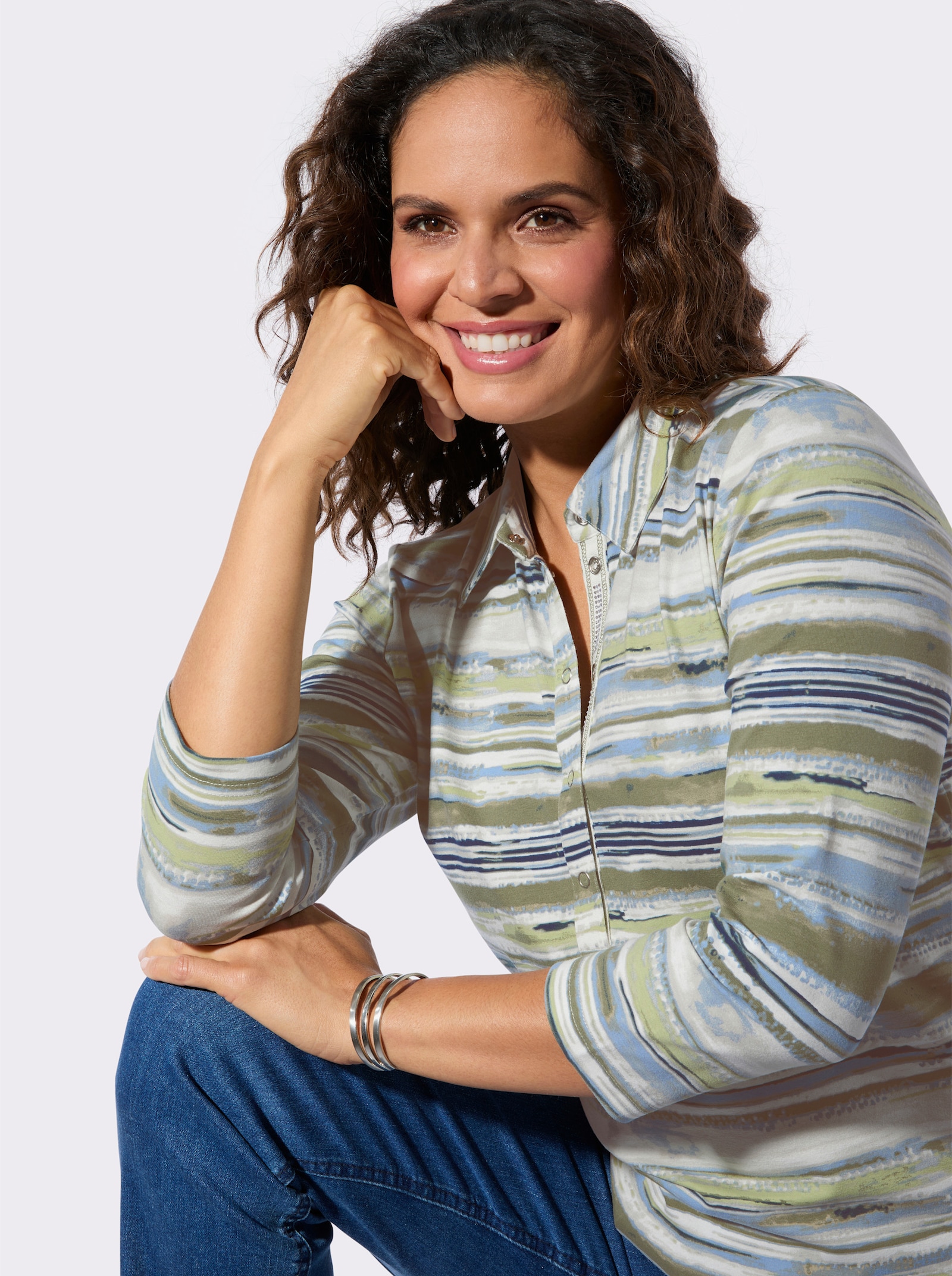 Poloshirt mit Glitzersteinchen am Kragen - schlamm-bleu-geringelt