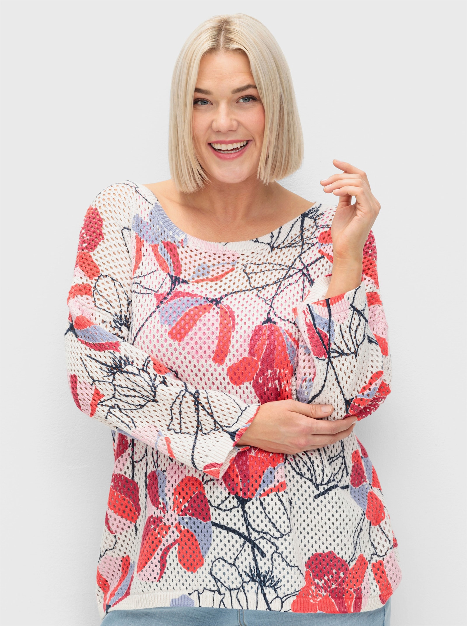 sheego Pullover mit Lochstrickmuster - champagner-gemustert