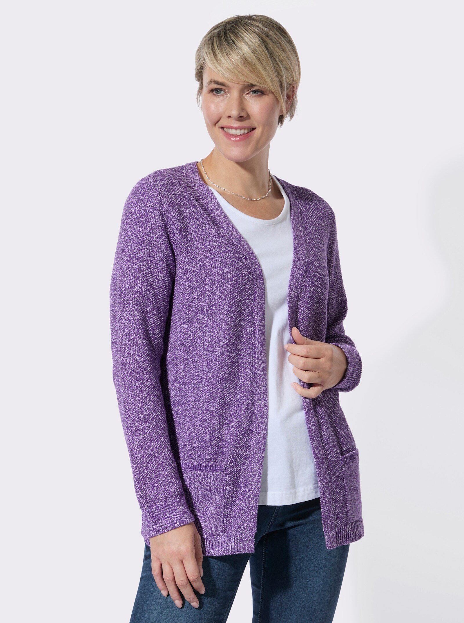 Strickjacke in verschlussloser Form - lila-ecru-meliert