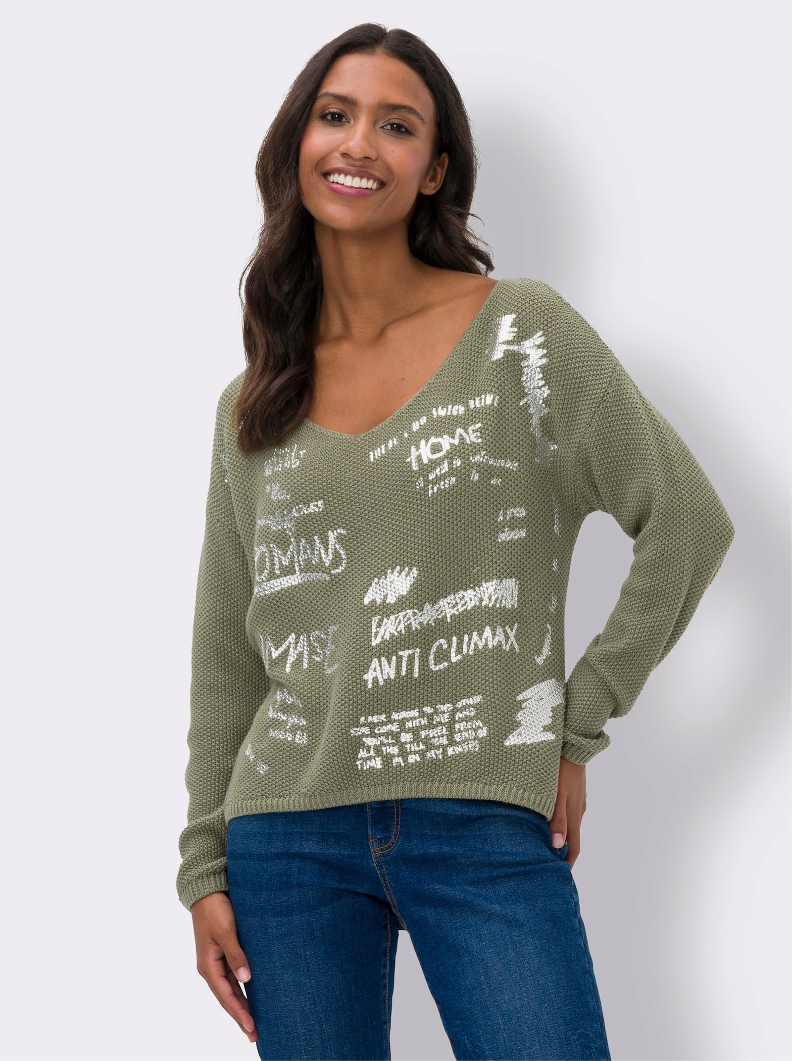 heine Strickpullover mit schimmerndem Druck - khaki