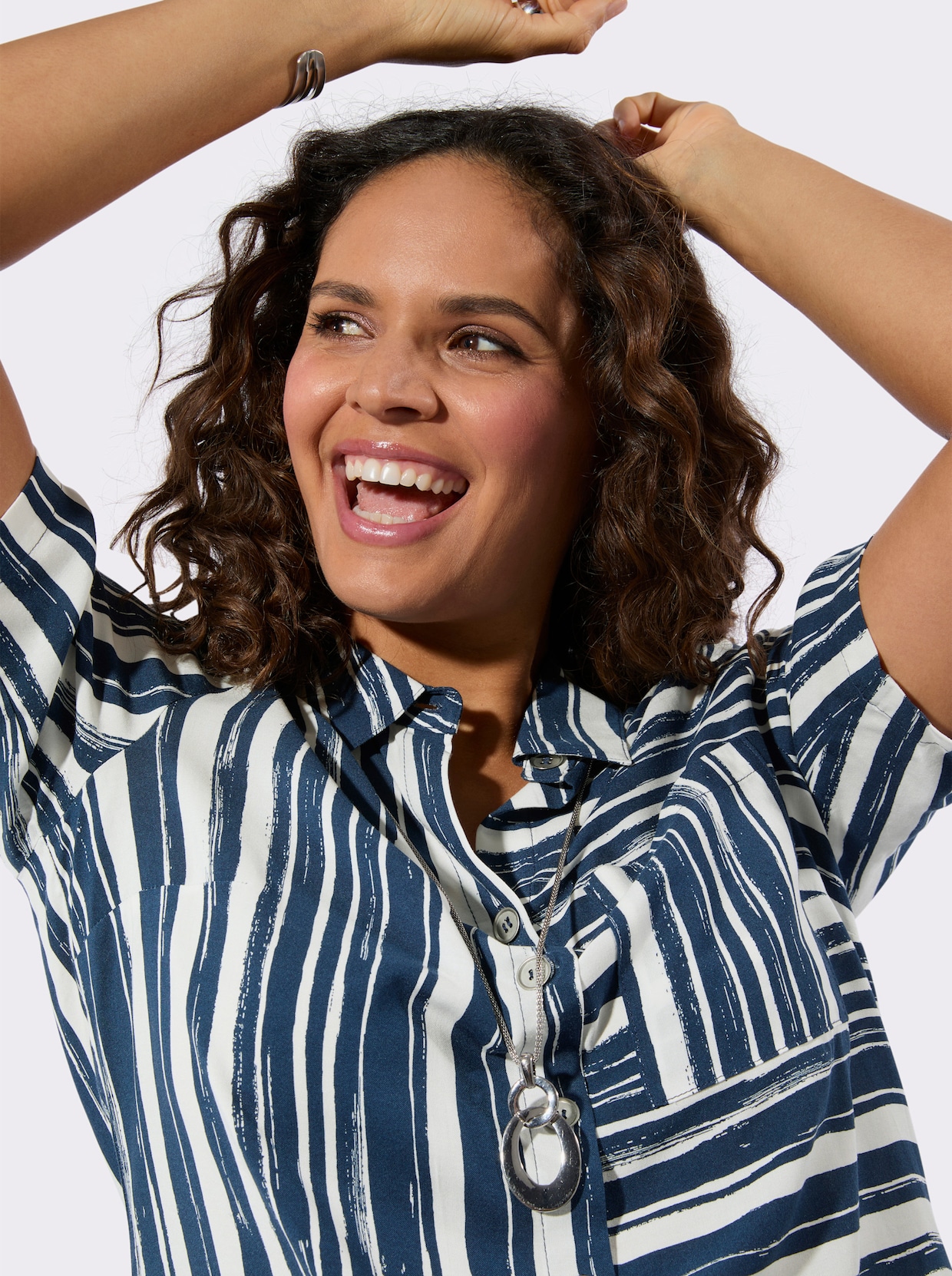 Longbluse - marine-ecru-bedruckt