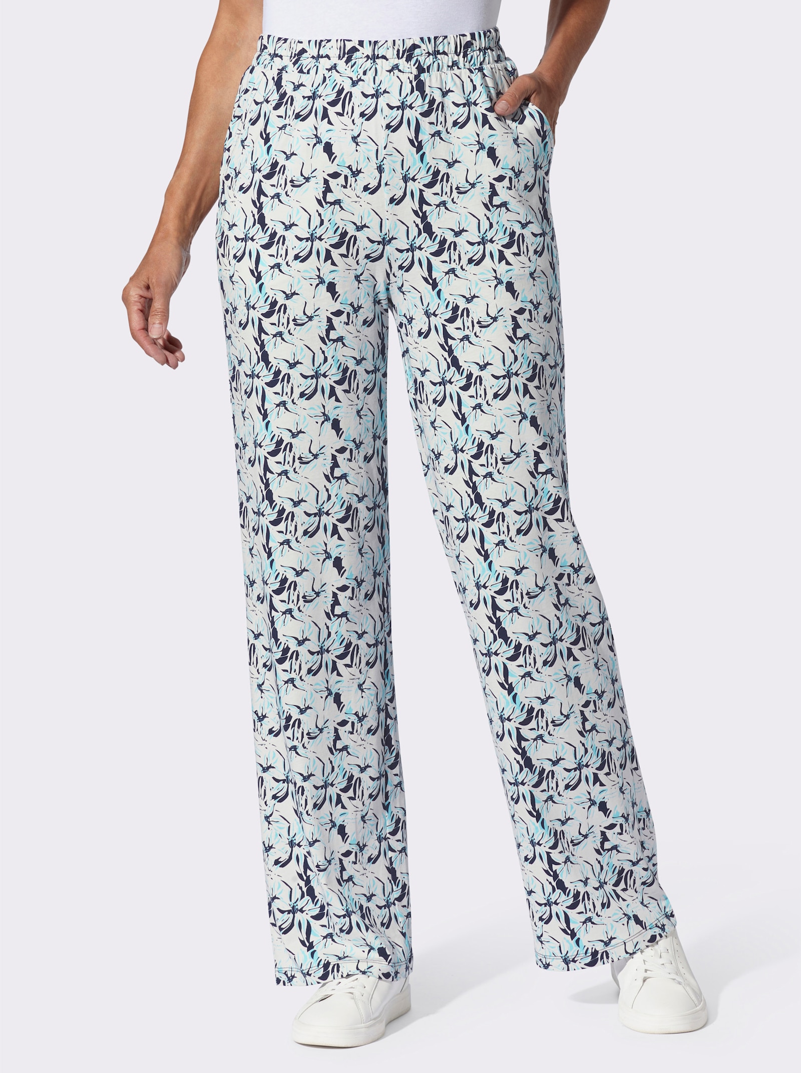 Vrijetijdsbroek met bloemdessin - ecru/marine geprint