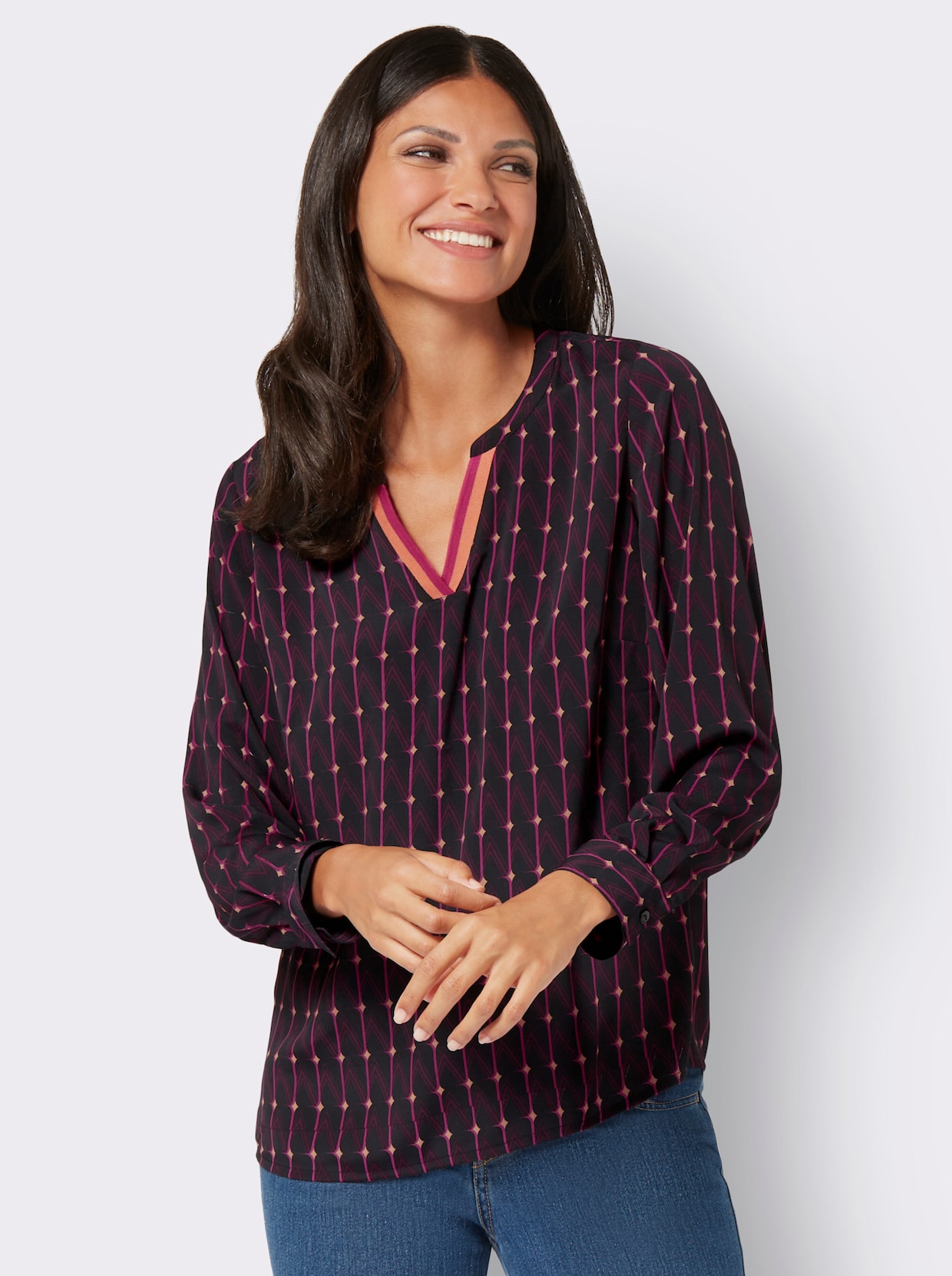 Comfortabele blouse - zwart/magenta bedrukt