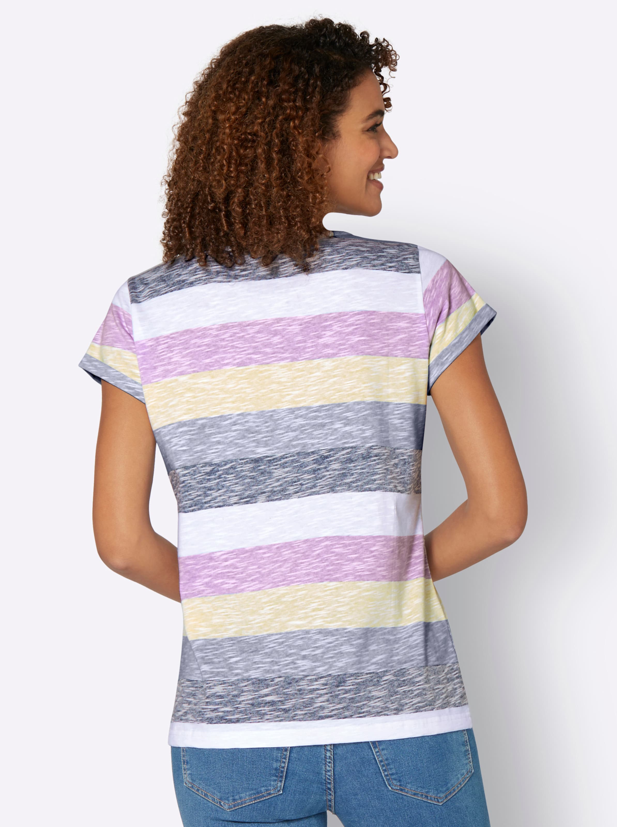 Rundhals Shirt günstig Kaufen-Streifenshirt in rosé-gestreift von heine. Streifenshirt in rosé-gestreift von heine <![CDATA[Im leicht melierten Blockstreifen-Dessin: Shirt mit Schnürung und breiter Kordel am tiefen Rundhals-Ausschnitt.]]>. 