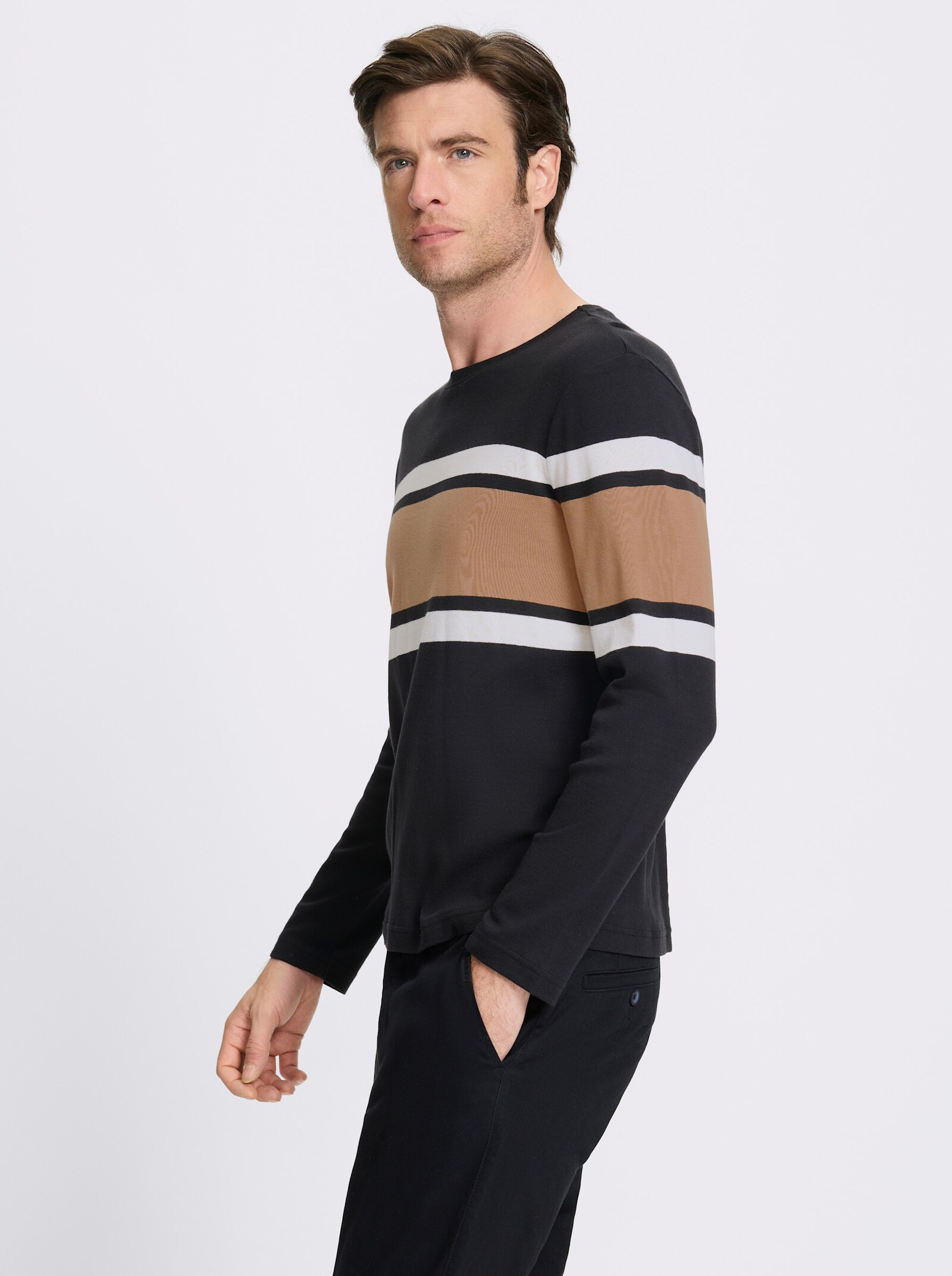 Marco Donati Langarmshirt in Ripp-Optik, garngefärbt - schwarz-camel