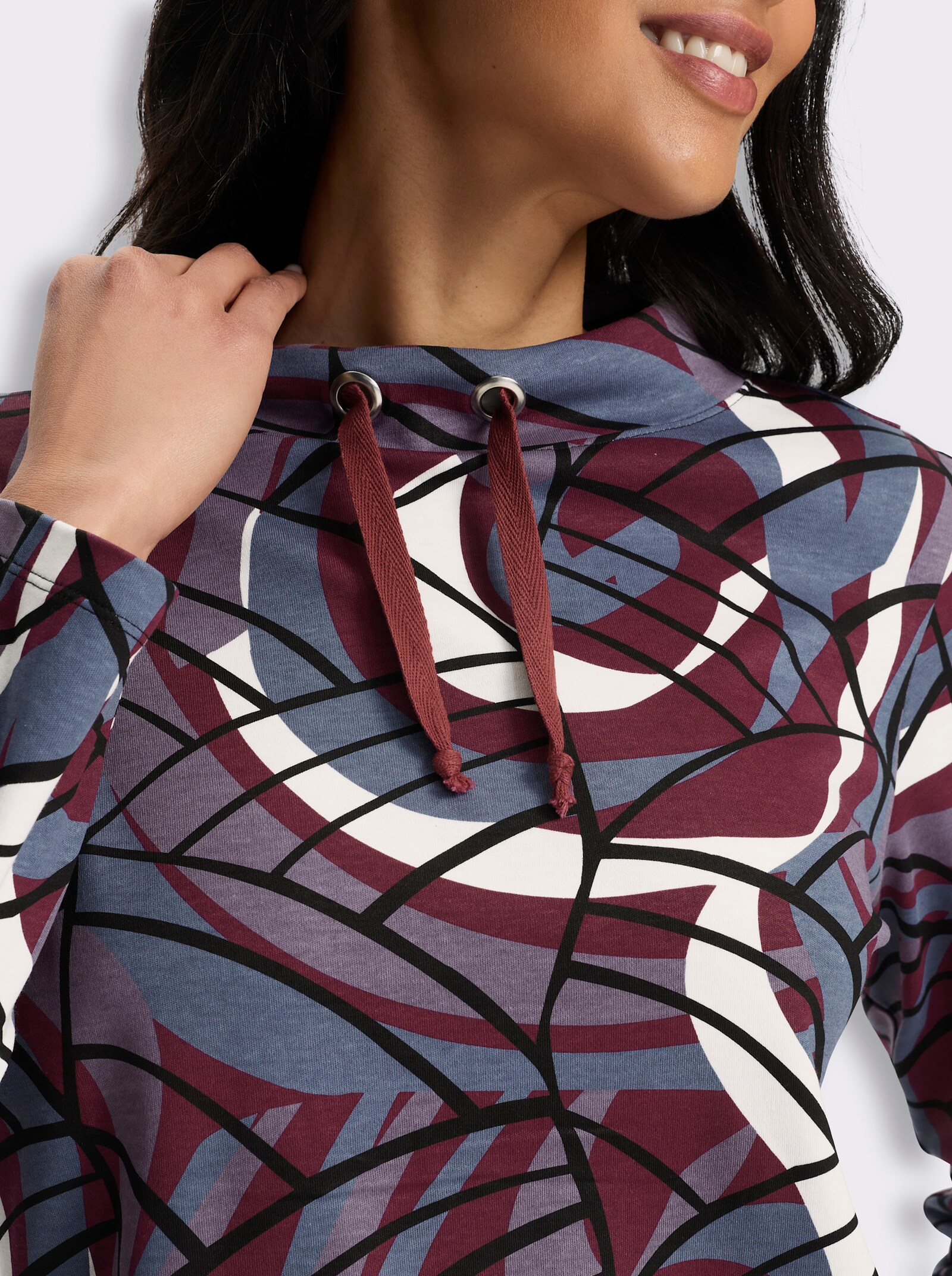 Stehkragenshirt in formstabiler Interlock-Qualität - bordeaux-rauchblau-bedruckt