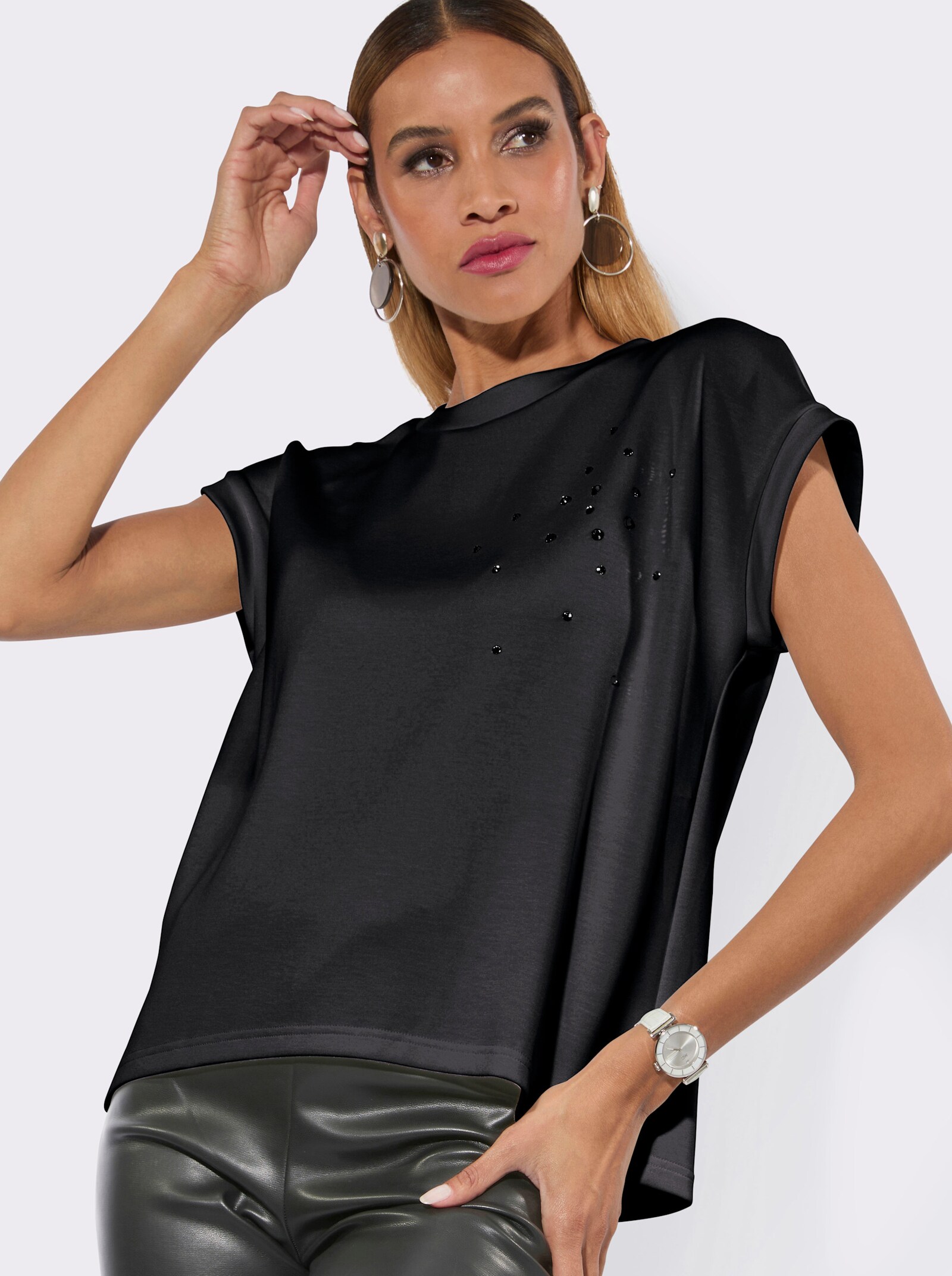 Sweatshirt mit Glitzersteinchen-Verzierung - schwarz
