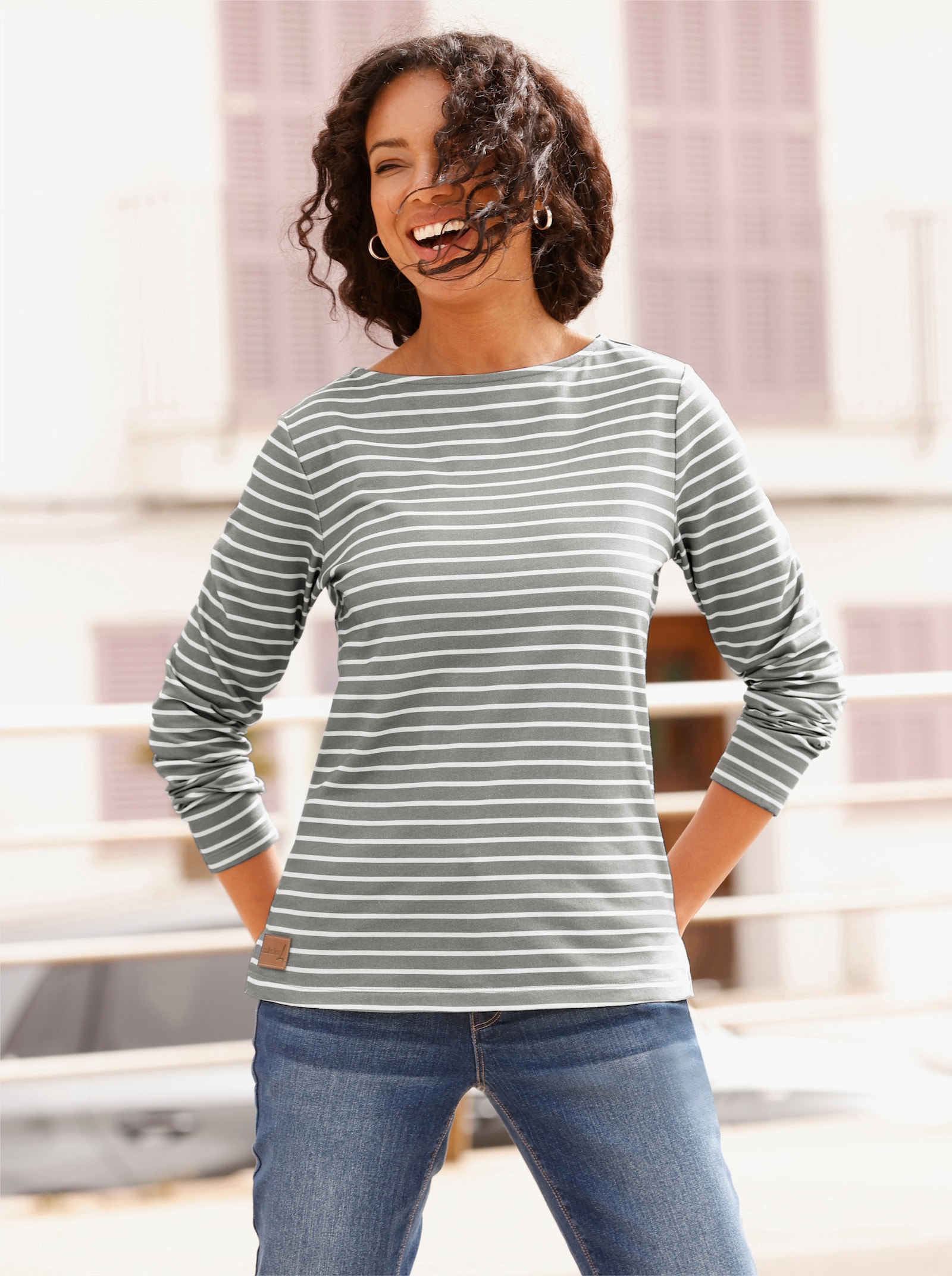 Sweatshirt im Ringel-Dessin - steingrau-ecru-geringelt