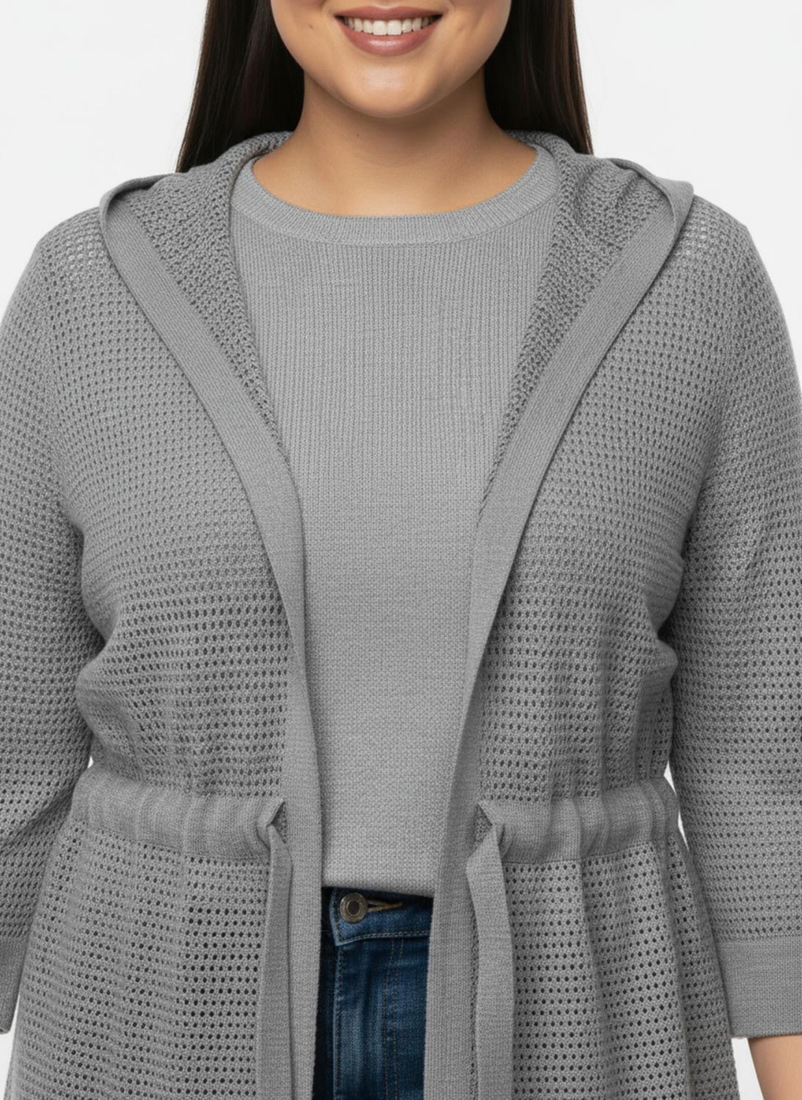 Ajourstrickjacke mit Glanzgarn - steingrau