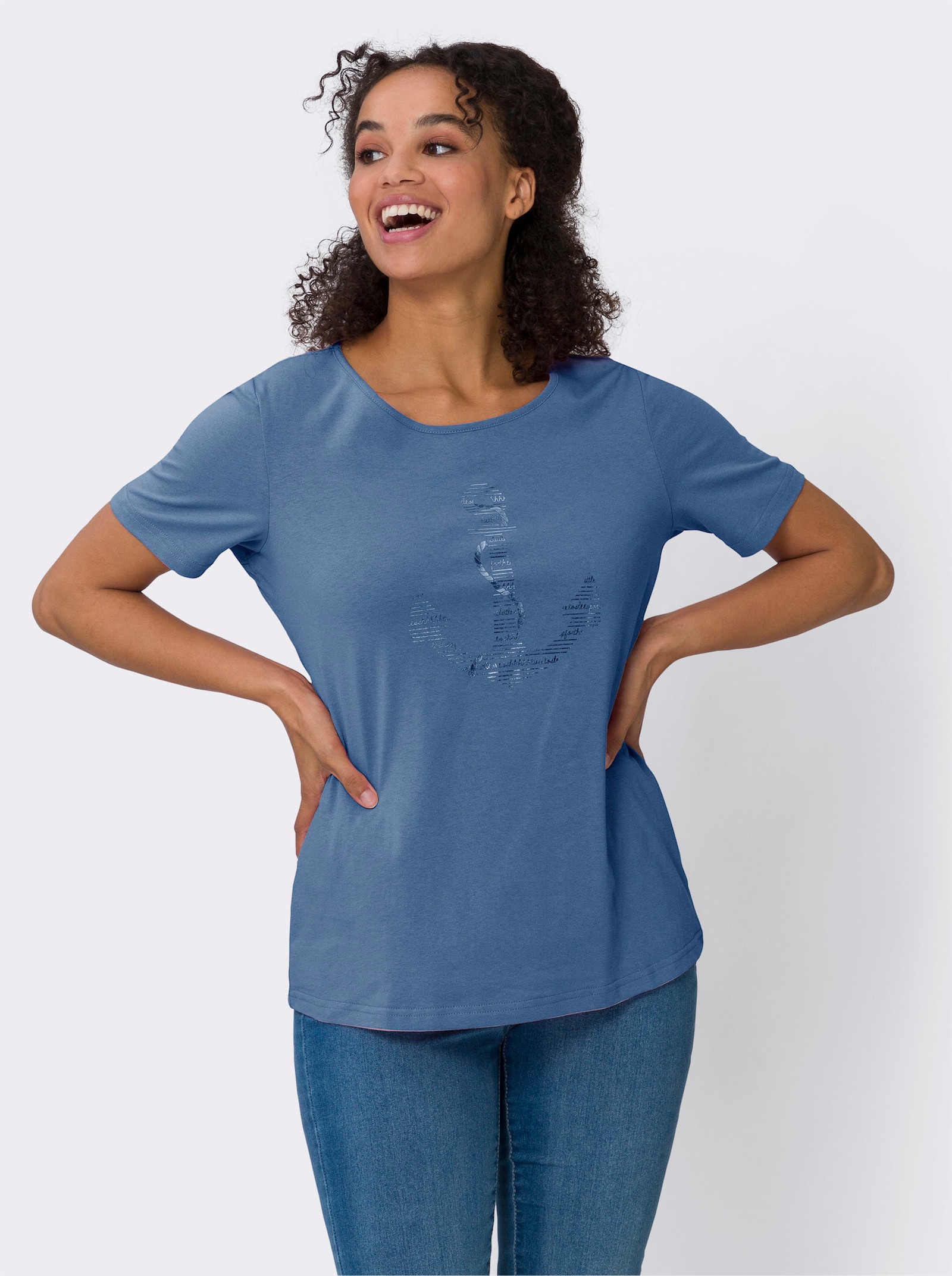 Kurzarmshirt im Anker-Dessin - mittelblau