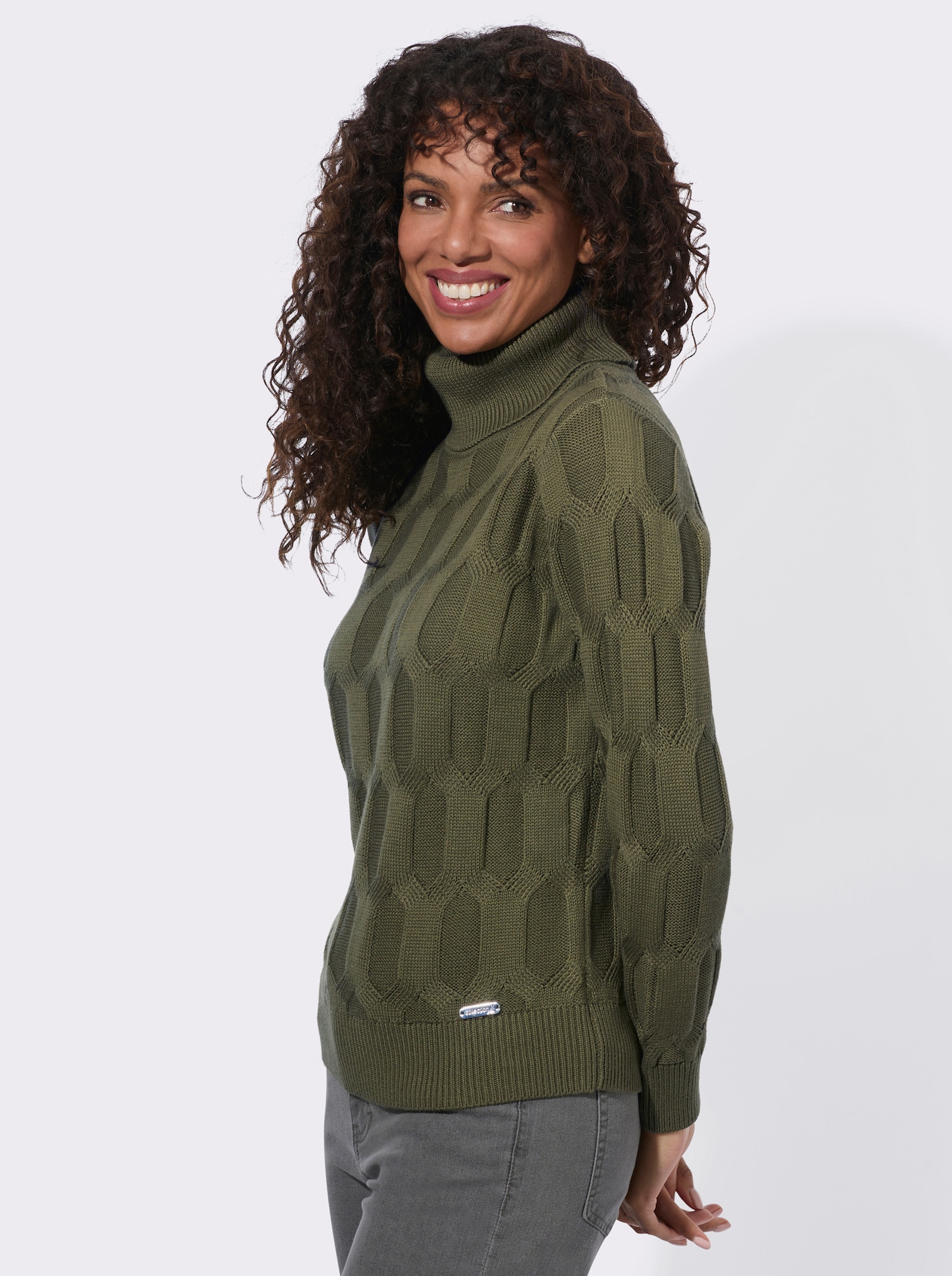  Rollkragenpullover mit Strickmuster - oliv