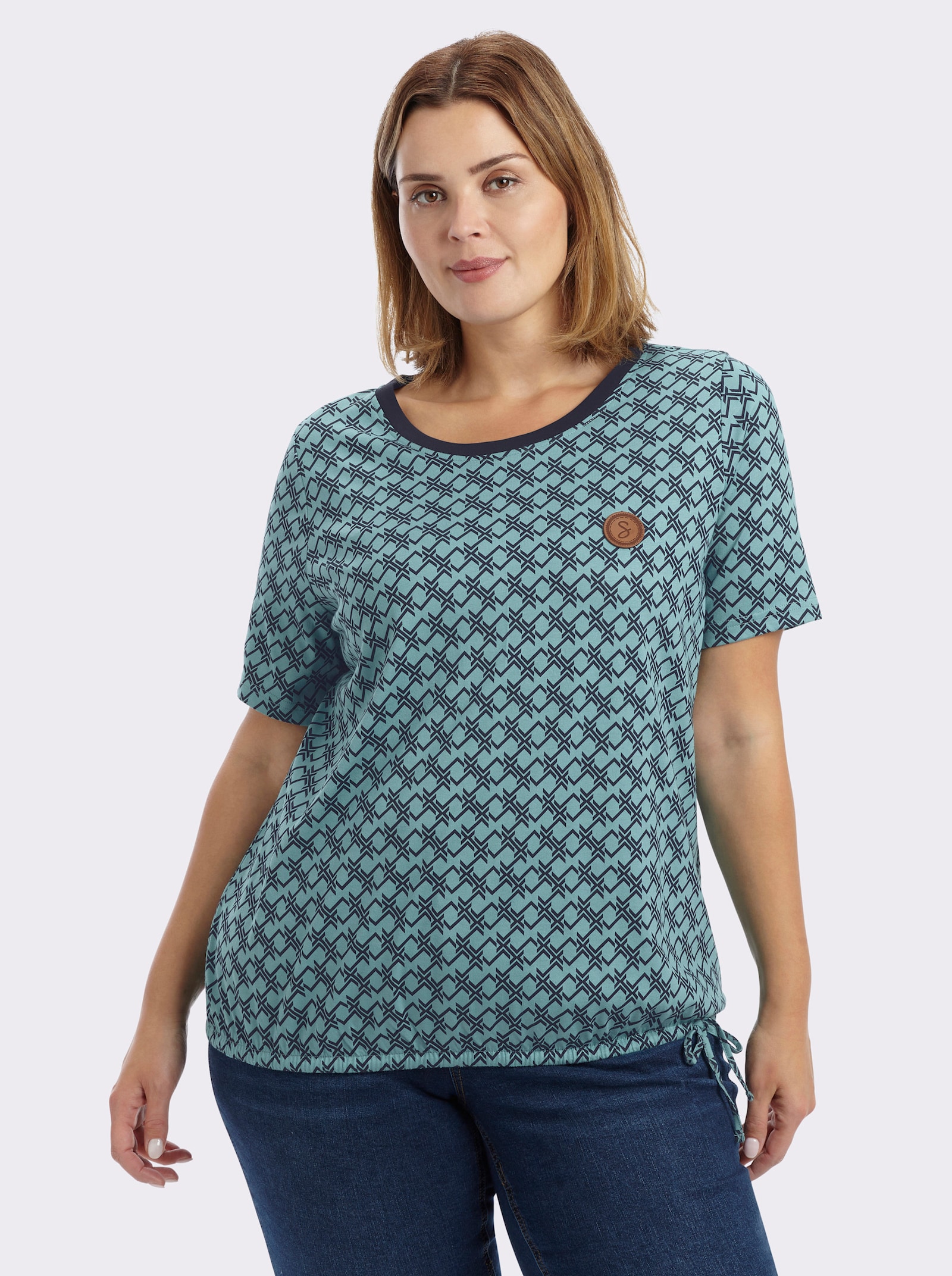 sheego Shirt mit Grafikprint und Gummizug am Saum - ozean-tiefblau-bedruckt