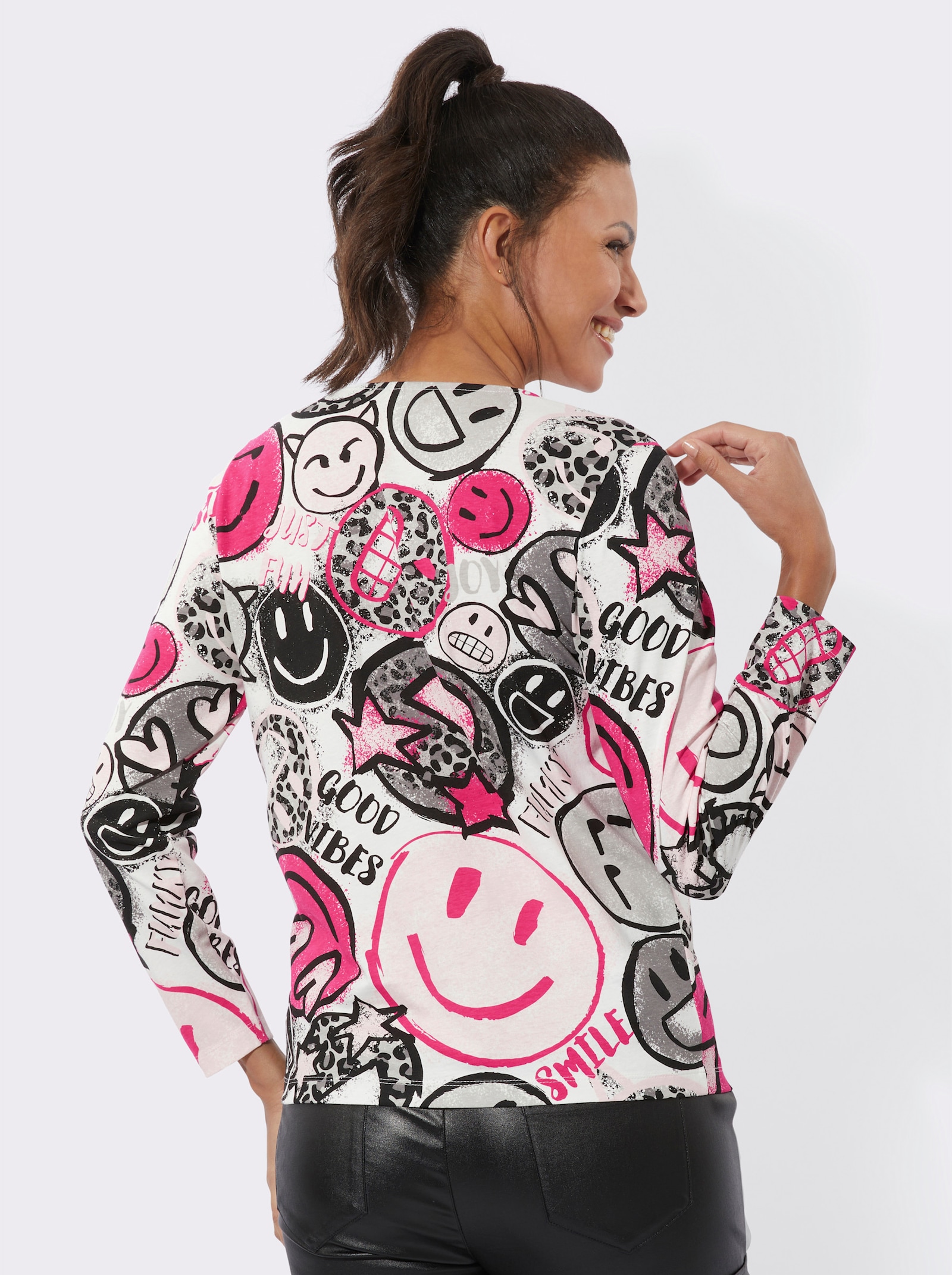 Langarmshirt mit Smiley-Print - ecru-pink-bedruckt