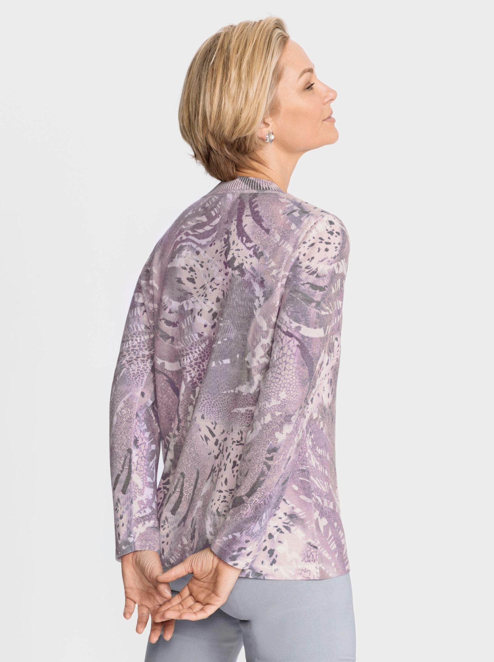 Pullover van fijntricot met grafische print - mauve/steengrijs gedessineerd