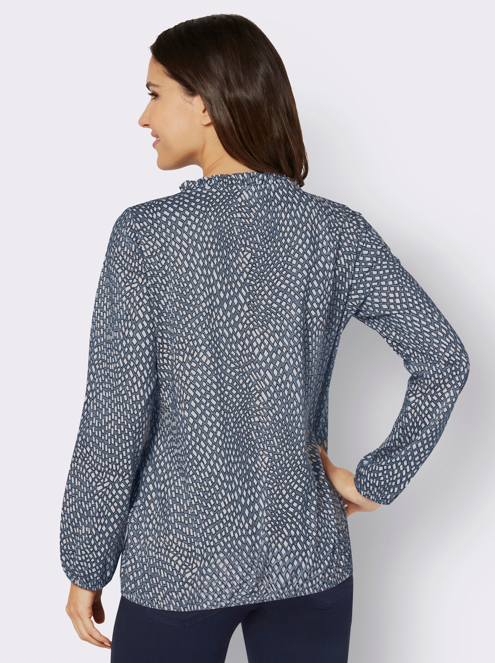 Shirt met lange mouwen en sierruches - rookblauw/ecru bedrukt