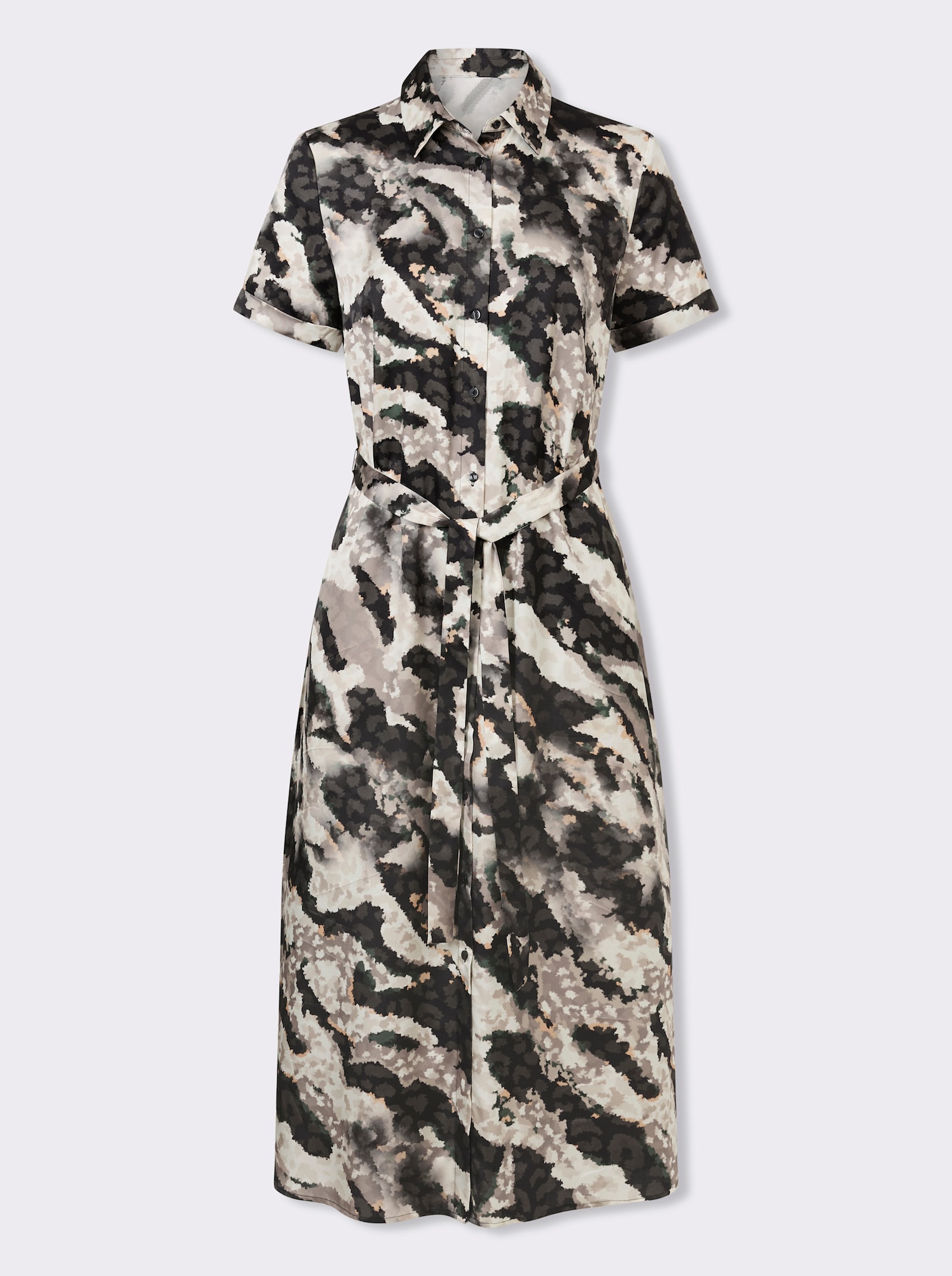 heine Hemdblusenkleid mit Bindegürtel - schwarz-champagner-bedruckt