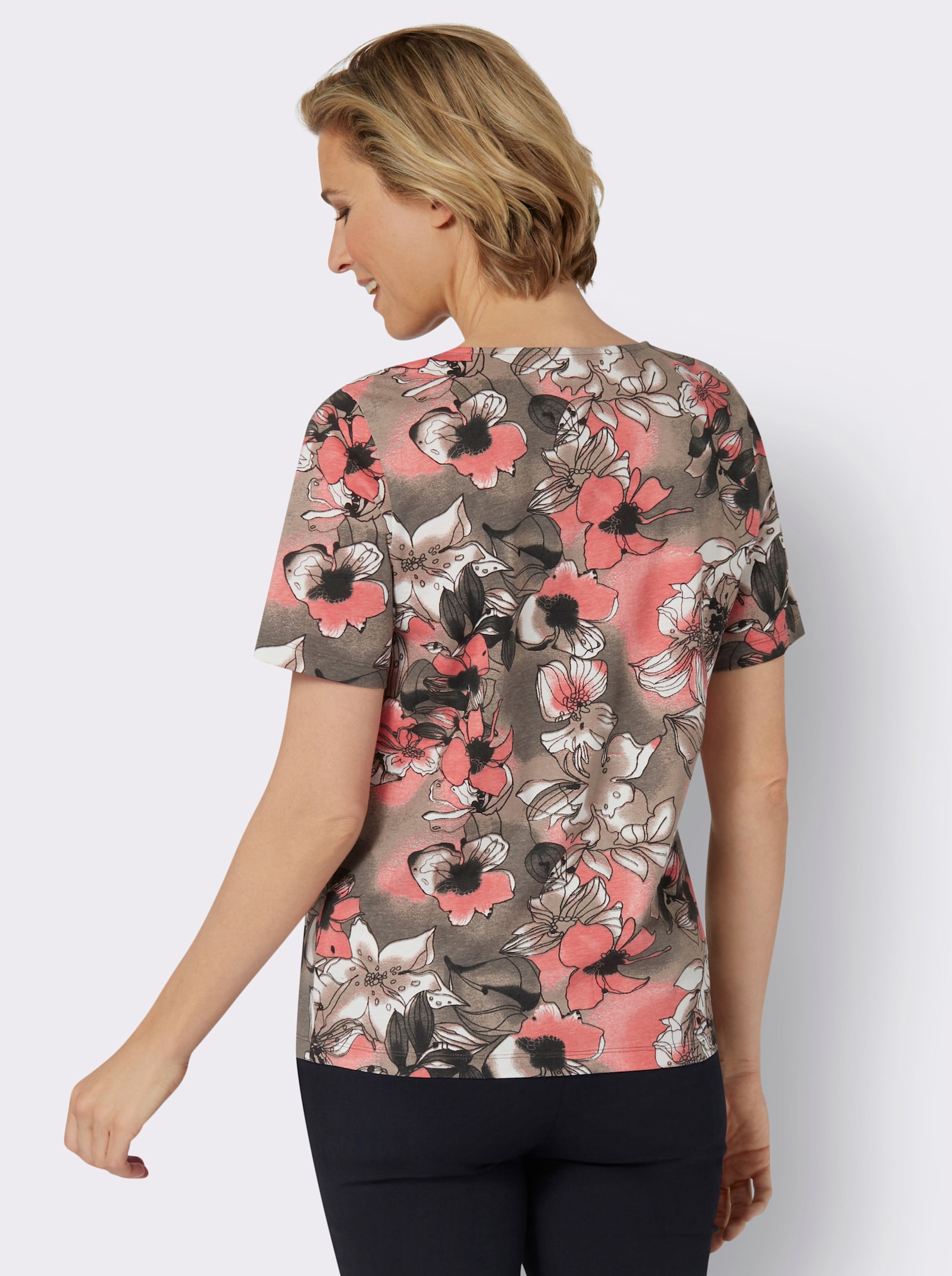 Shirt met korte mouwen van puur katoen - grapefruit/taupe bedrukt