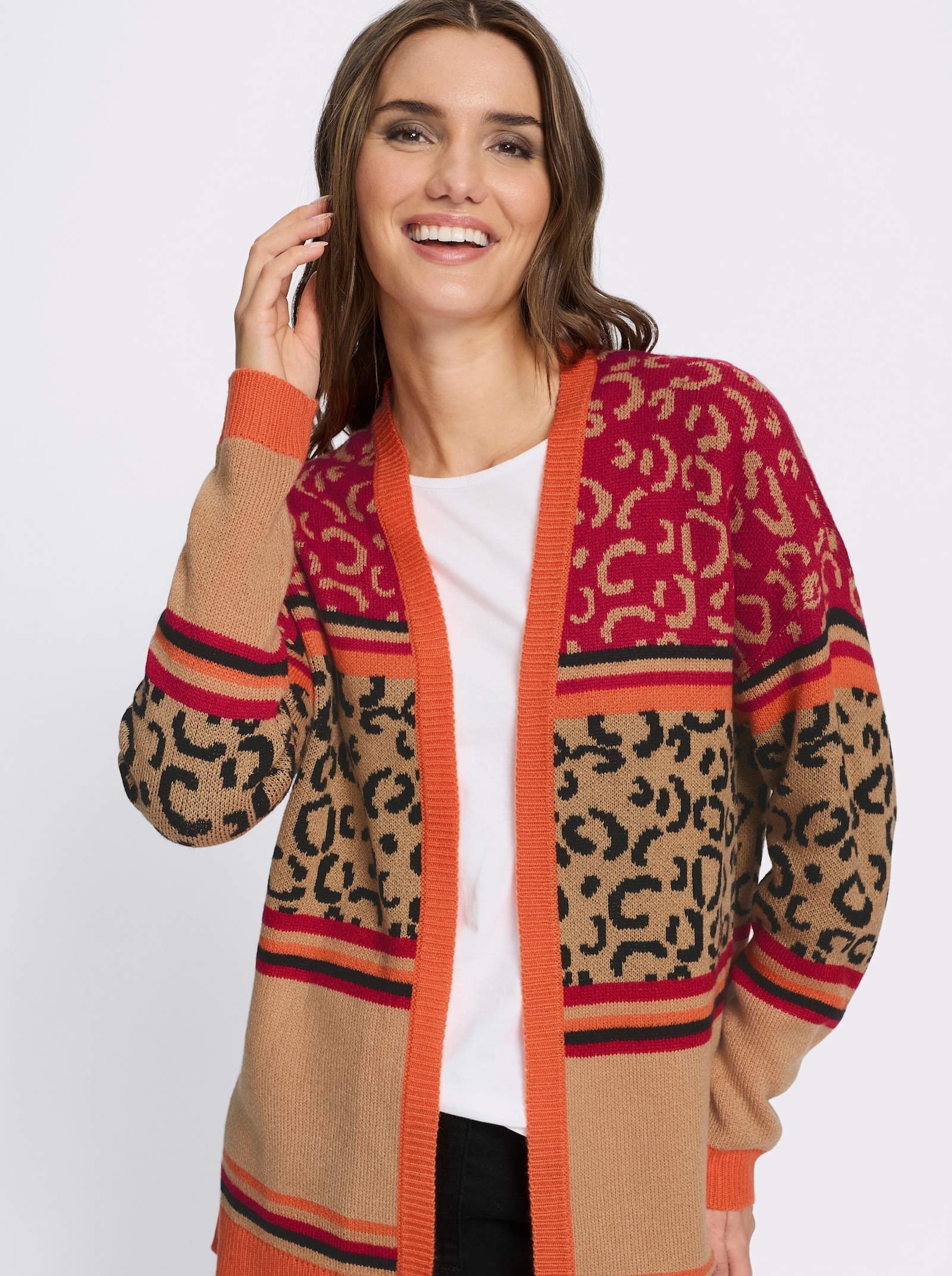Longstrickjacke mit Leo-Muster und Streifen - camel-orange-gemustert