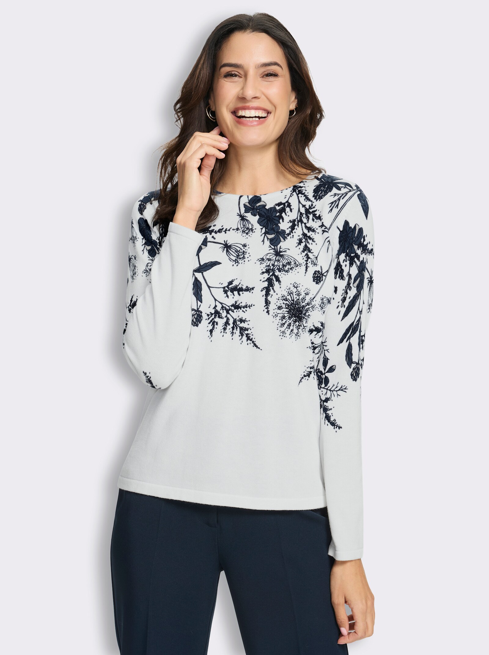 Feinstrickpullover mit platziertem Print - ecru-rauchblau-bedruckt