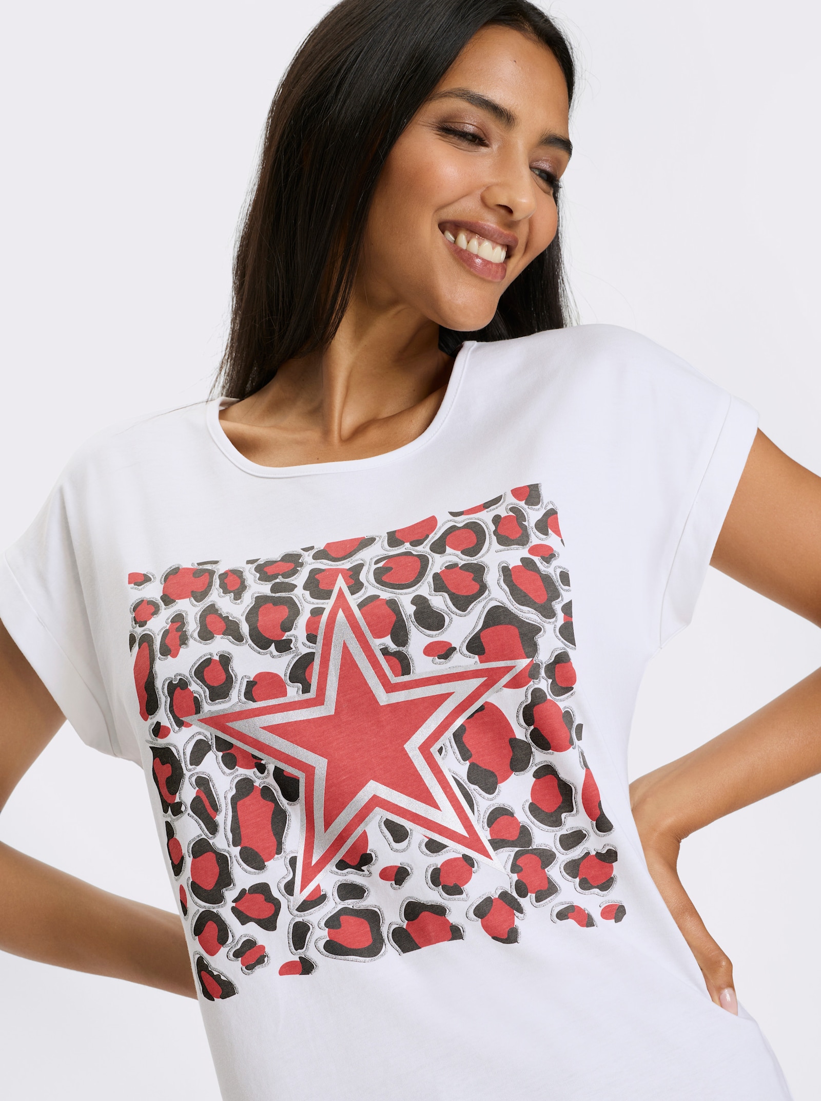 Tričko, krátke rukávy, lesklá a fóliová potlač - Bielo-grapefruitová