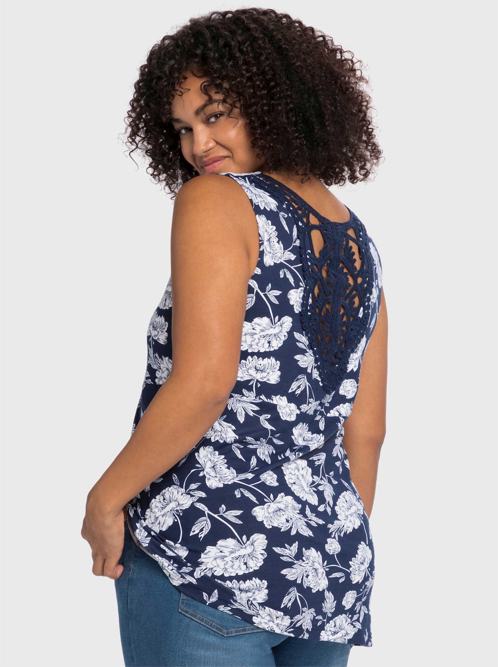 sheego by Joe Browns Longtop mit Spitze im Rücken - blau bedruckt