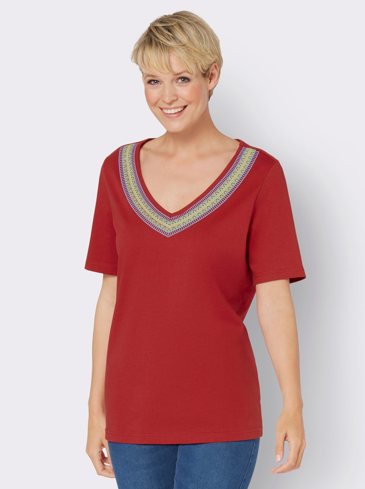 Shirt met V-hals - rood/hemelsblauw