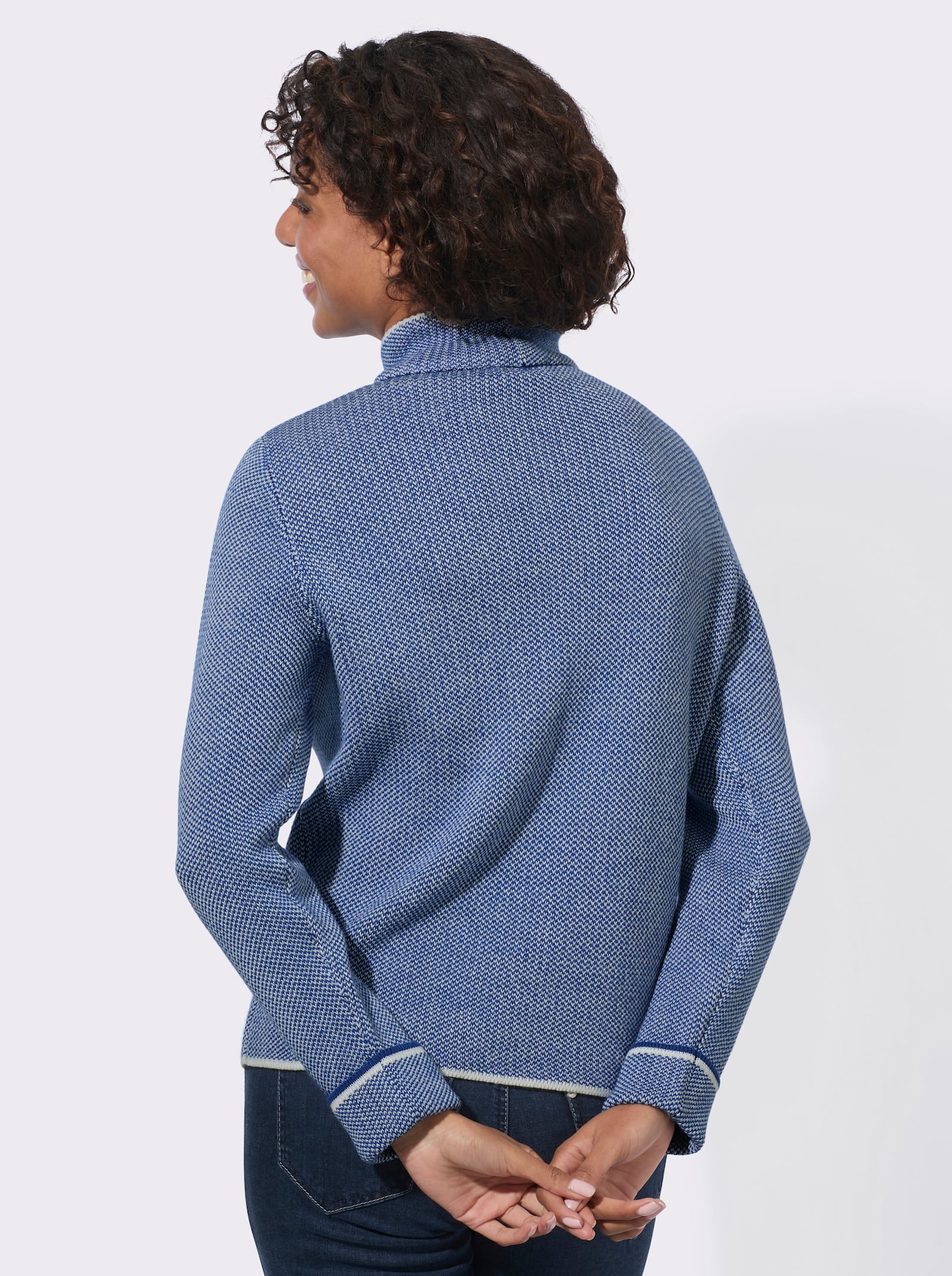 Stehkragenpullover mit Strickmuster - royalblau-ecru-meliert