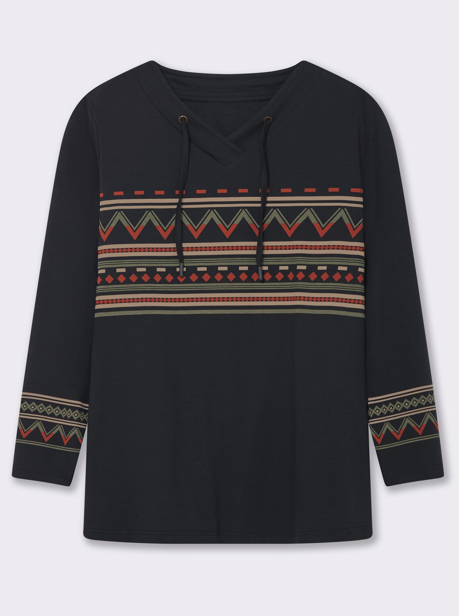 sheego Shirt met V-hals en etnodetails - zwart/beige geprint