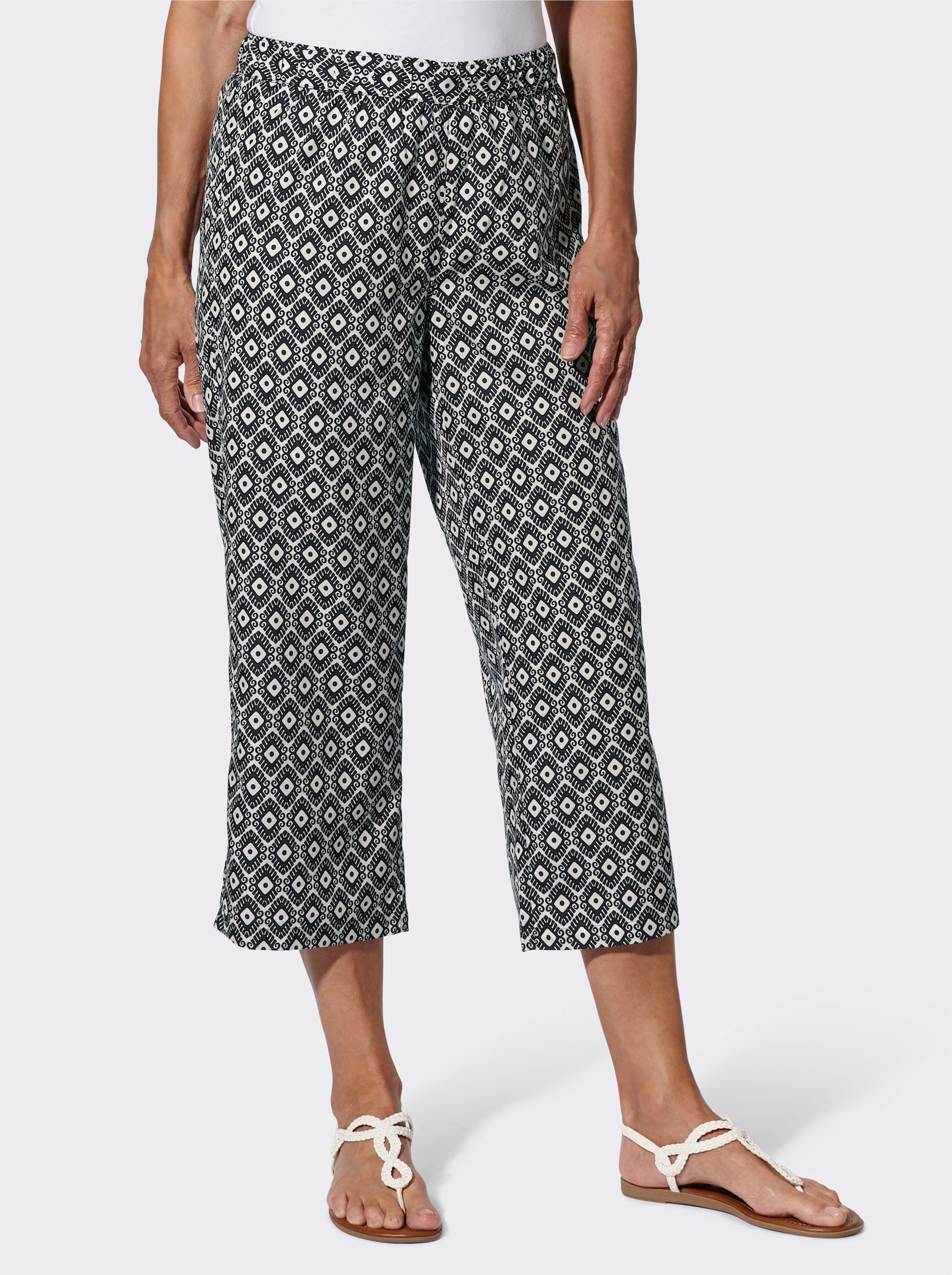 Slacks i vid modell - gräddvit-svart, tryckt